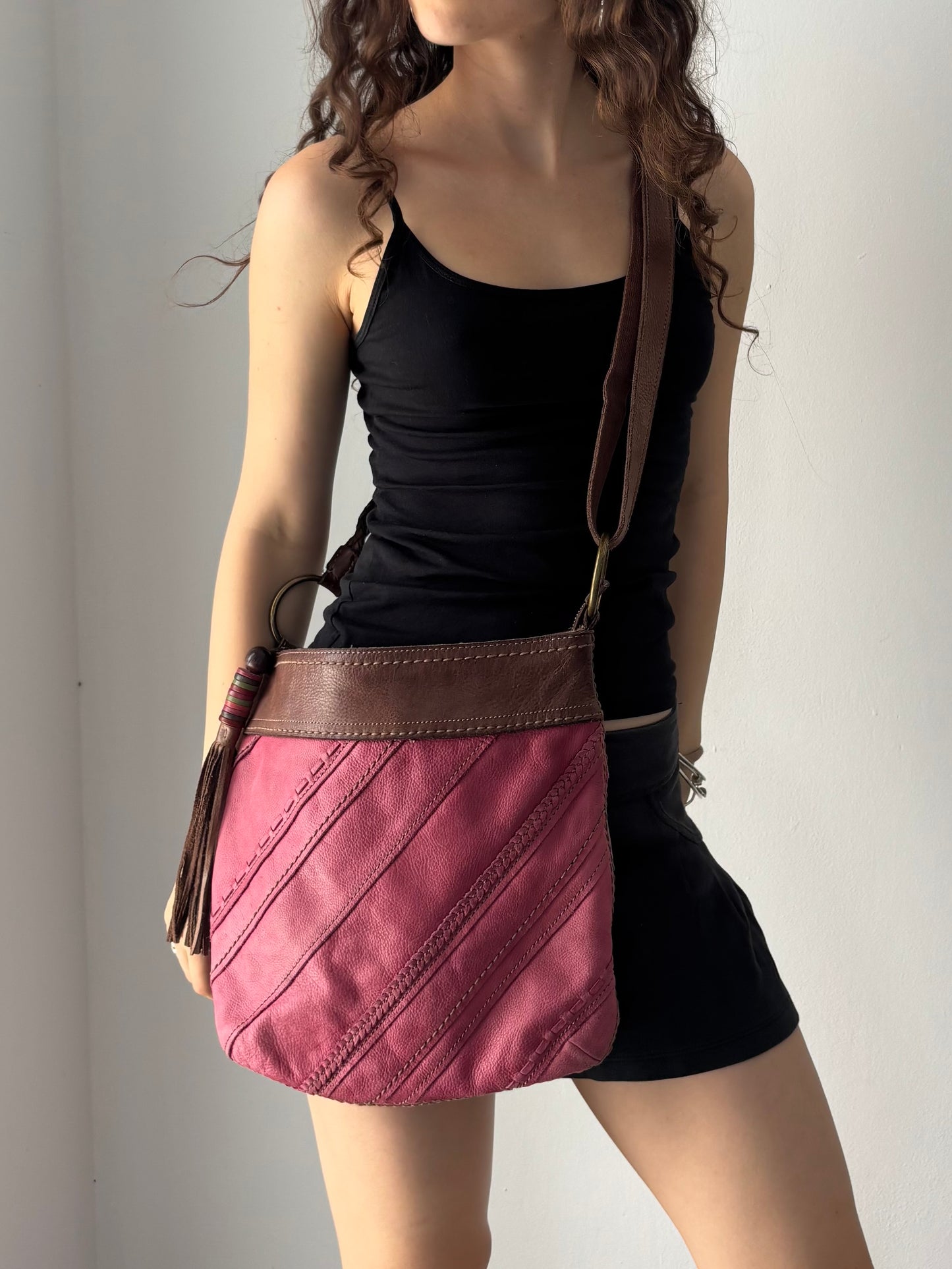 Real leather pink & brown crossbody bag