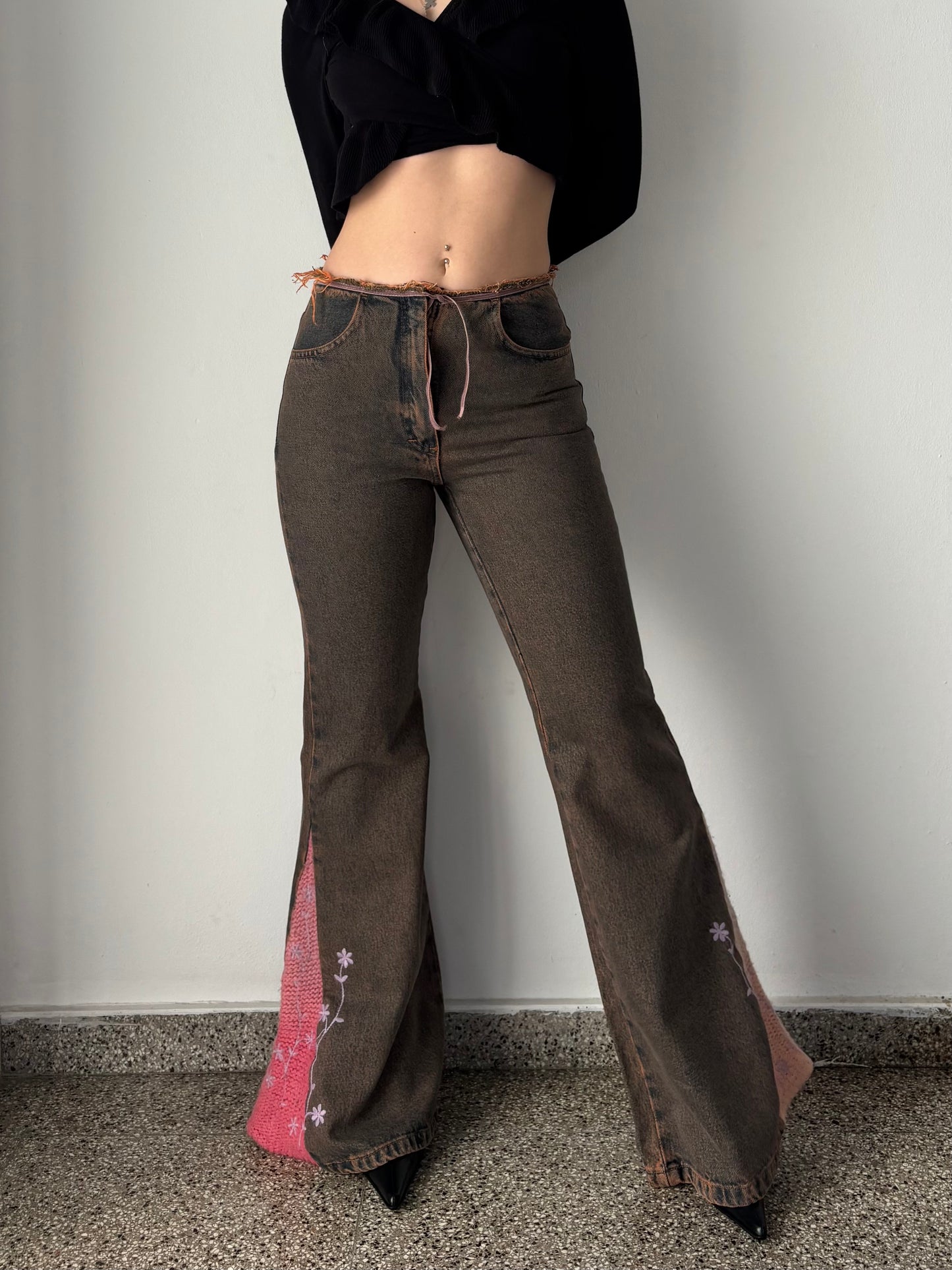 Crochet bell bottom jeans with flower embroidery