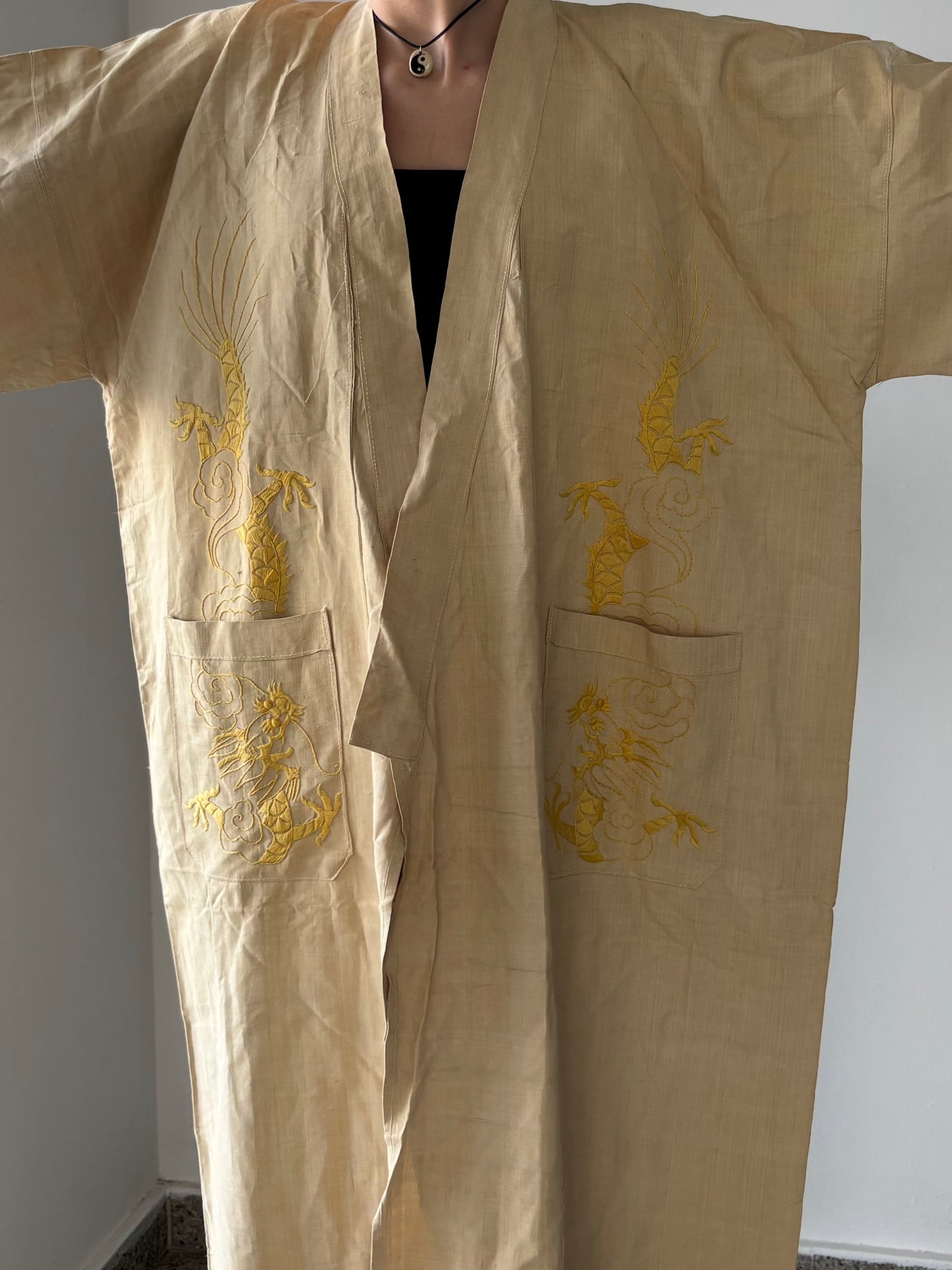 Vintage cotton kimono with dragon embroidery