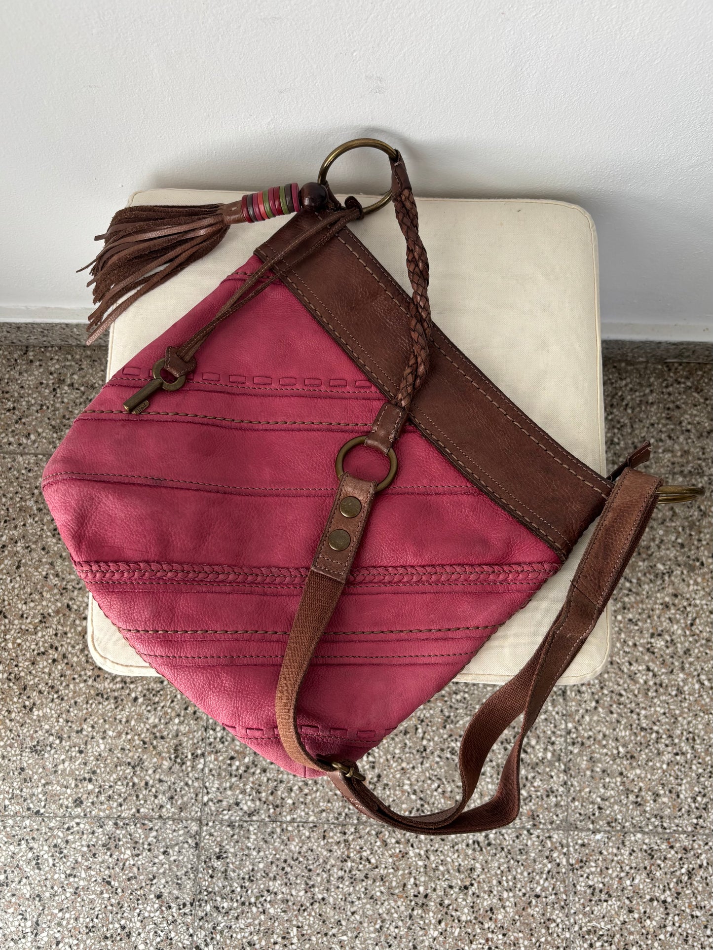 Real leather pink & brown crossbody bag