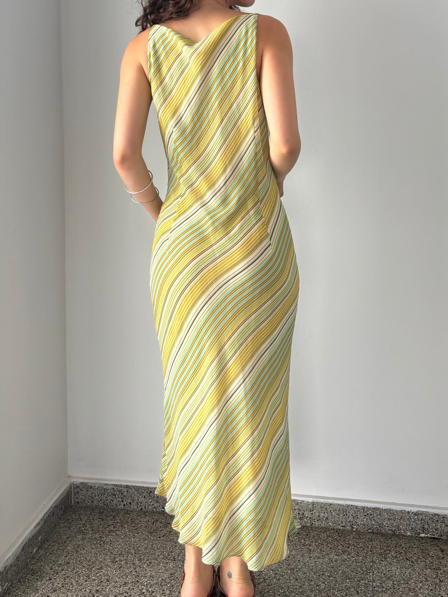 Green & yellow striped maxi dress