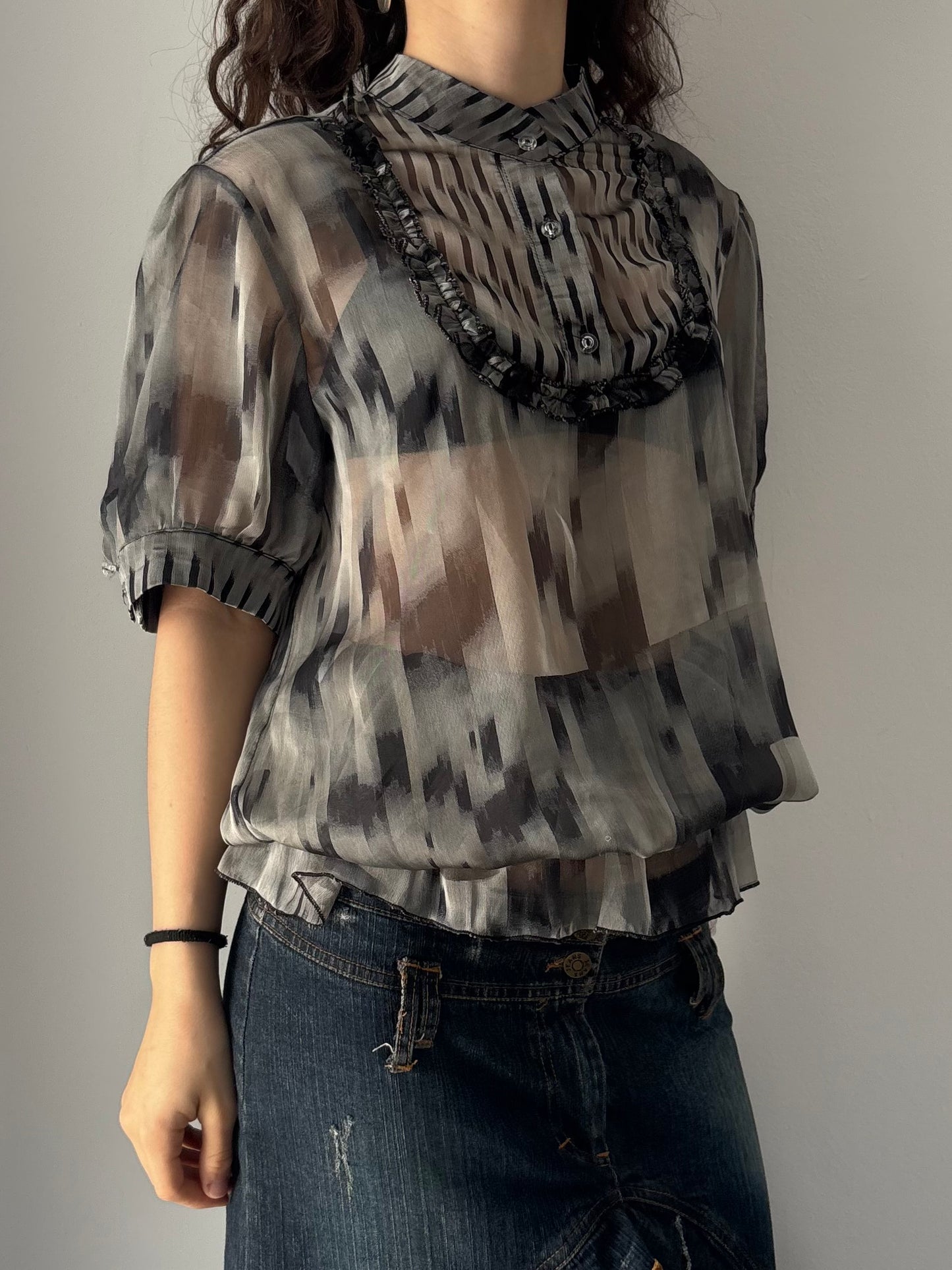 Grey mesh button up blouse