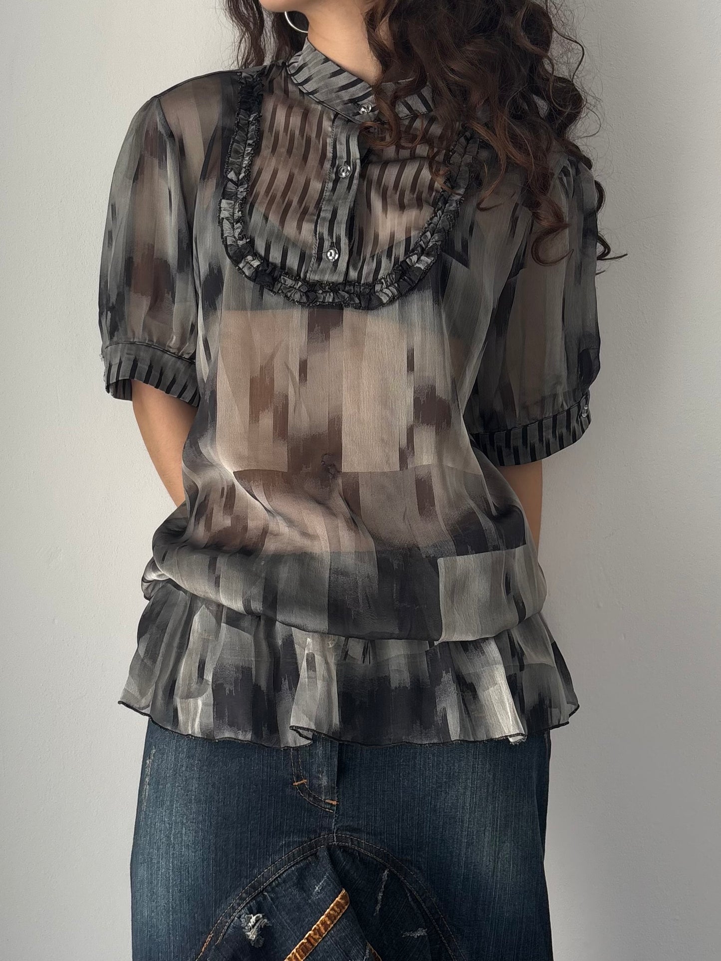 Grey mesh button up blouse