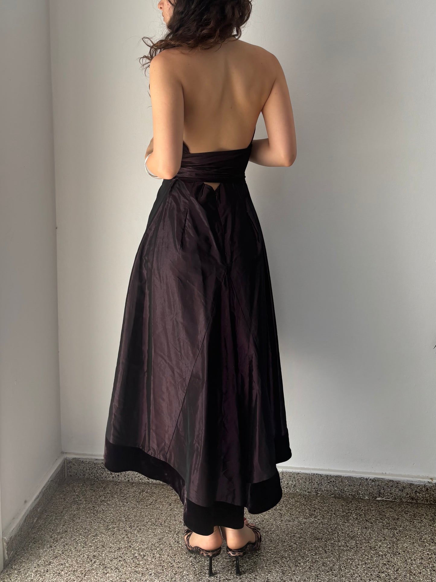 Purple 90s prom dress with open back