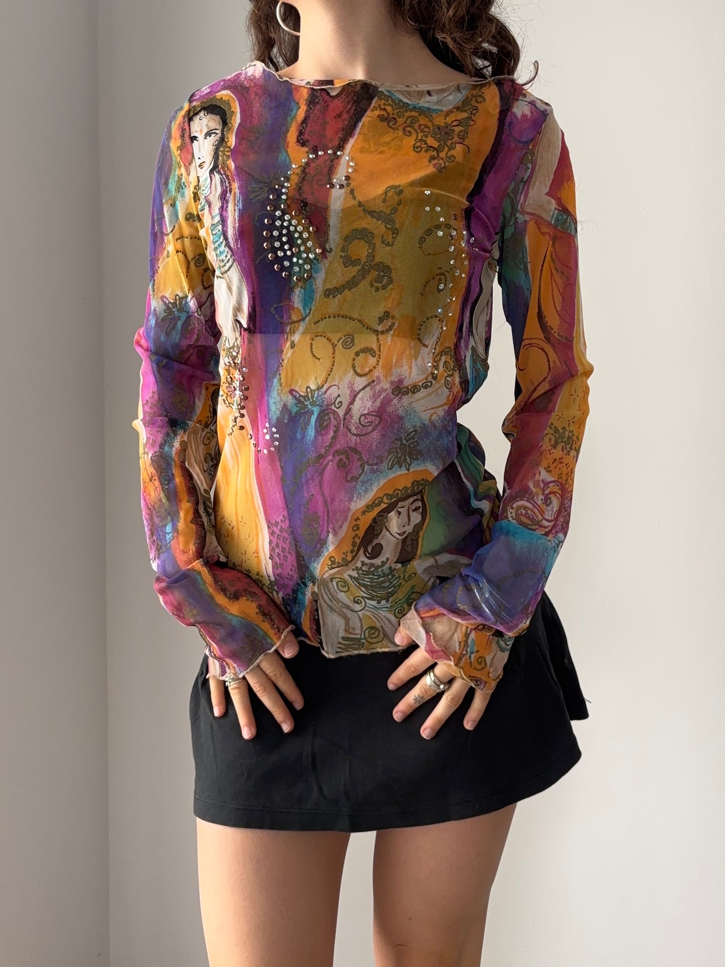 Indian print mesh top