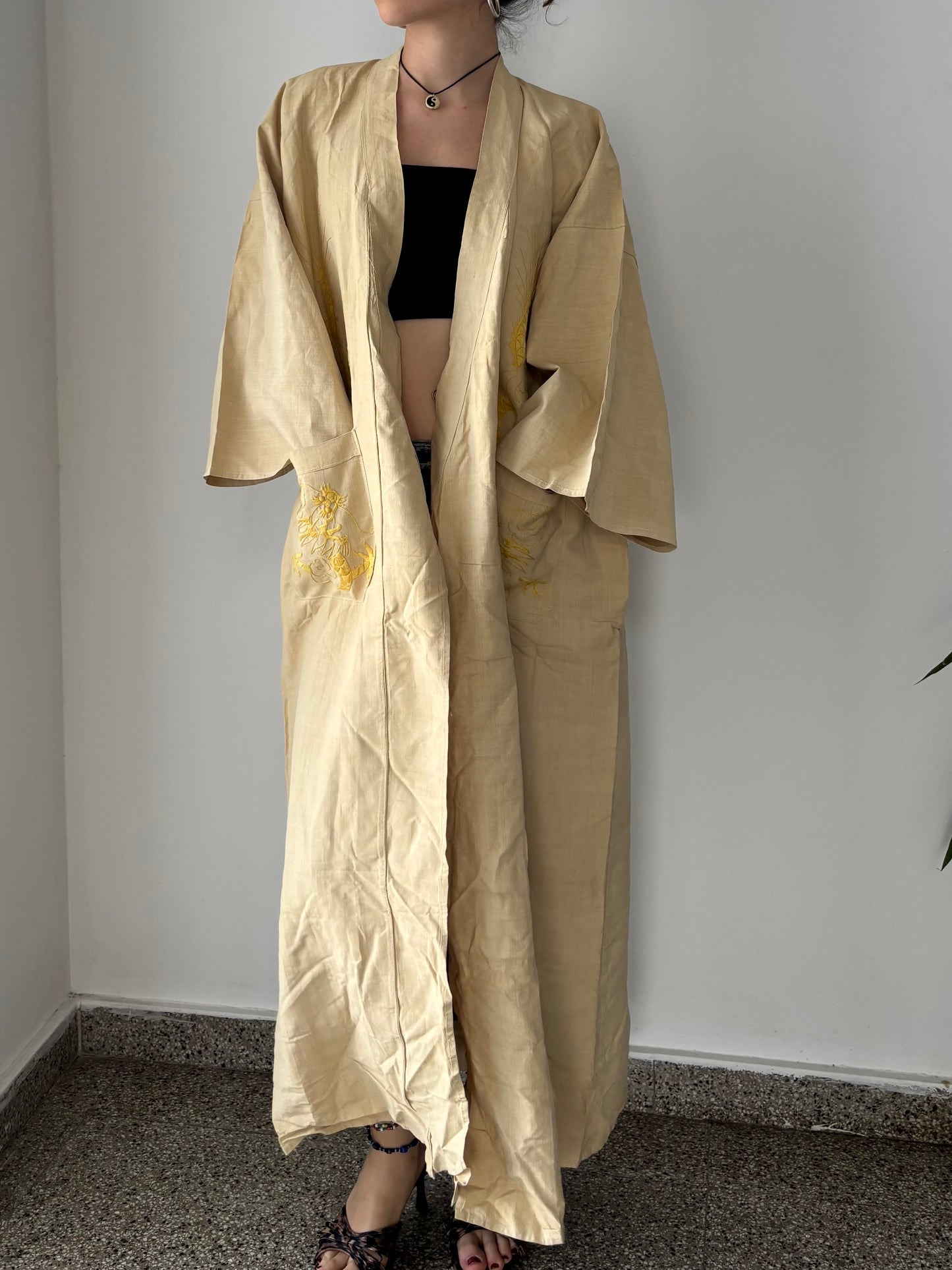 Vintage cotton kimono with dragon embroidery
