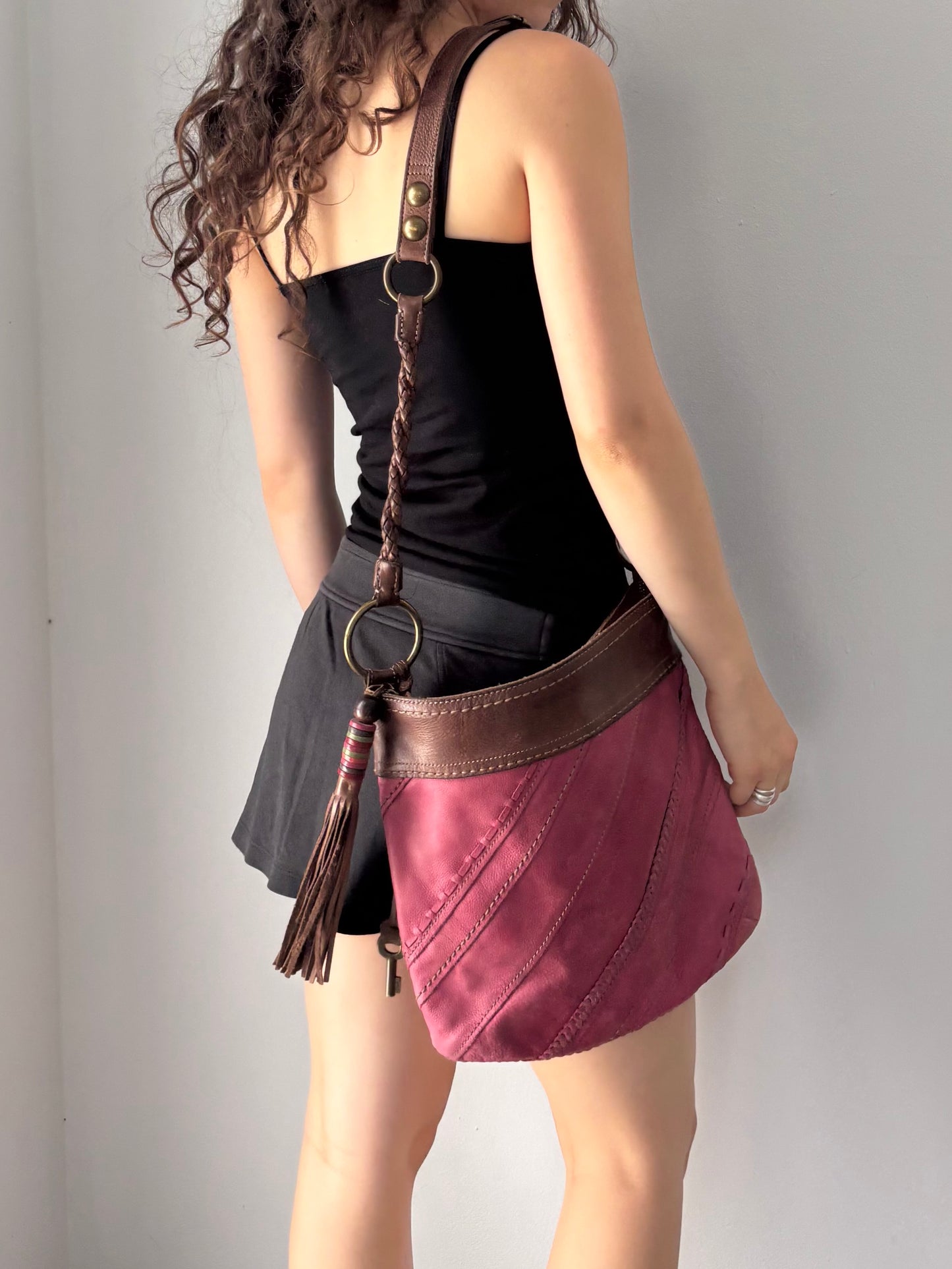Real leather pink & brown crossbody bag