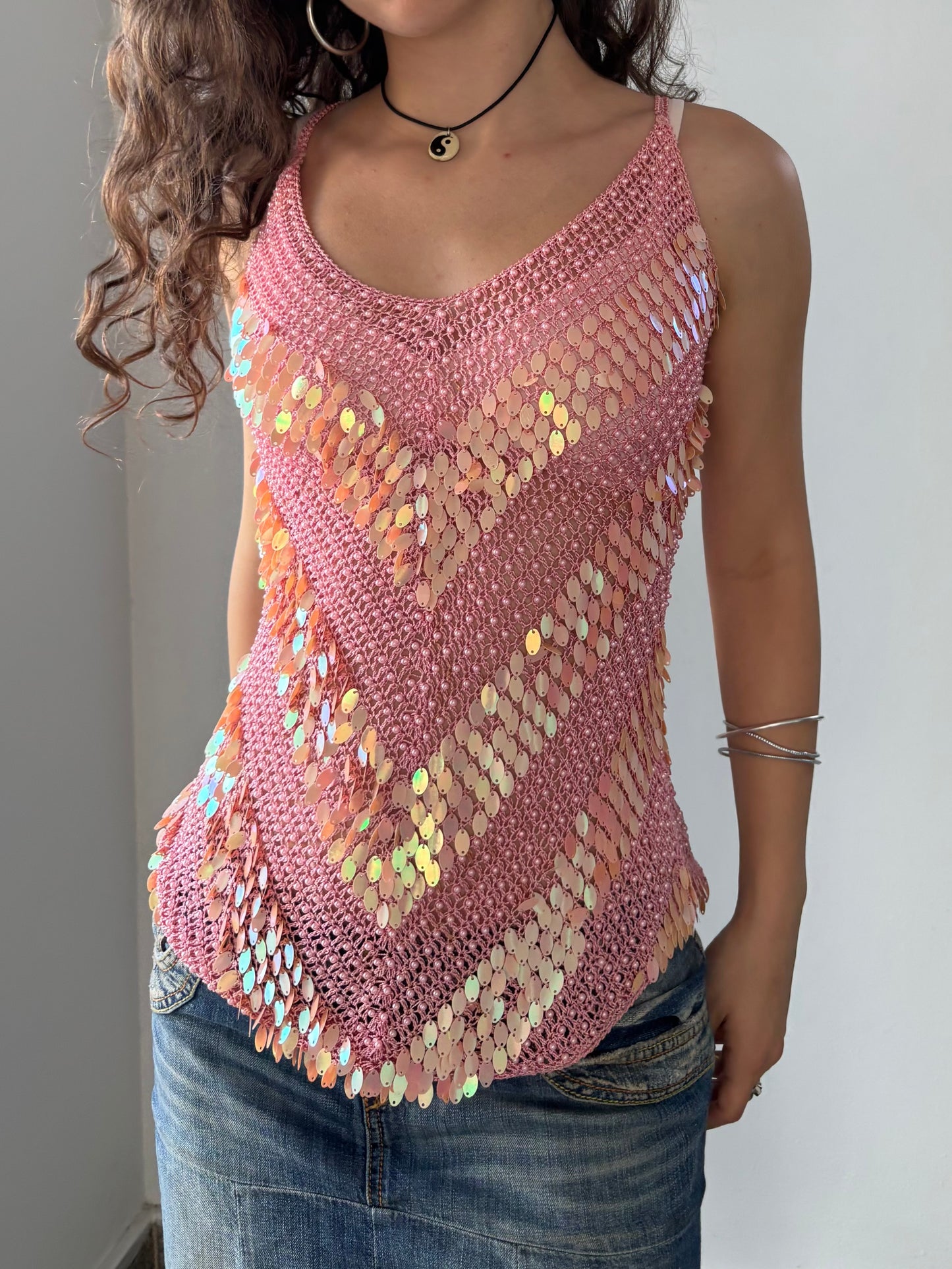 Y2K pink sequin top