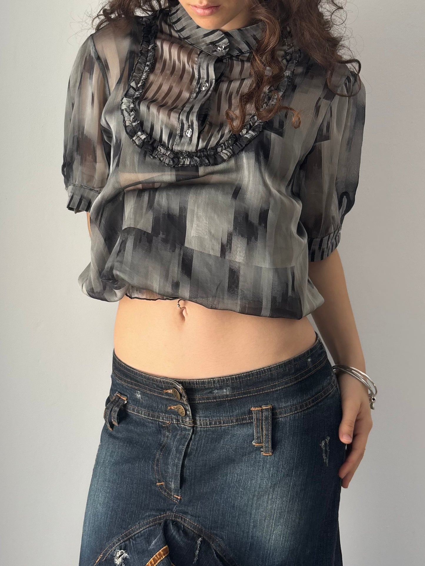 Grey mesh button up blouse