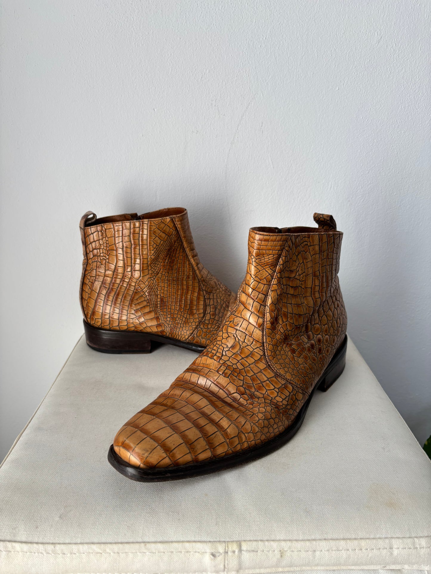 Brown croc leather boots
