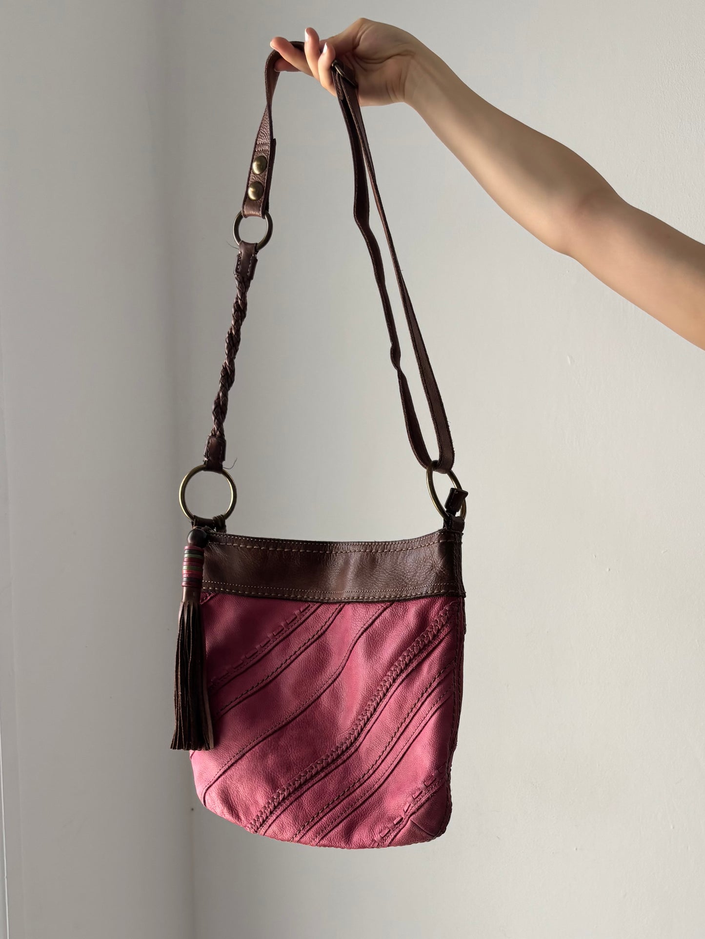 Real leather pink & brown crossbody bag