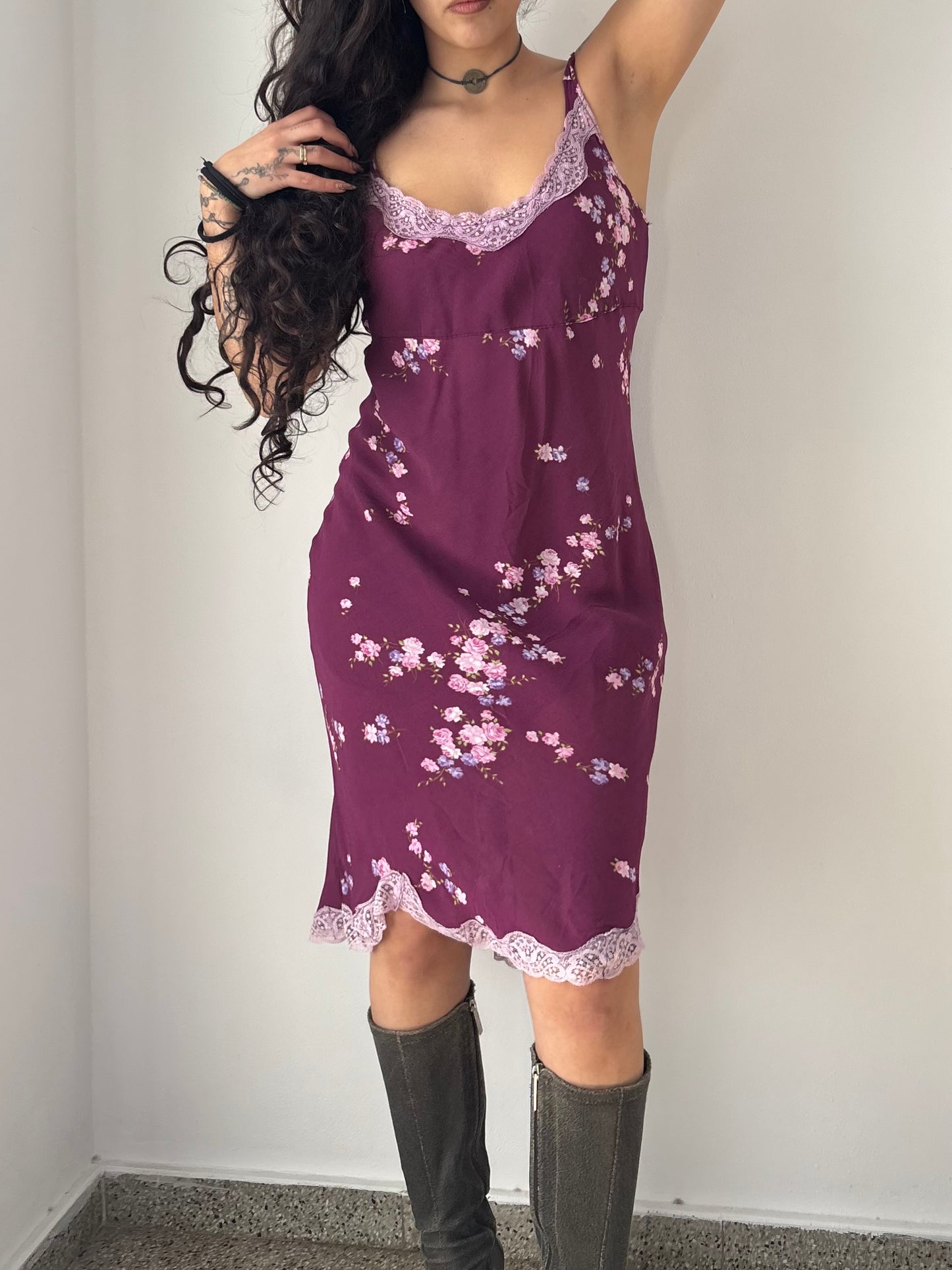 Purple floral dress with lace trims