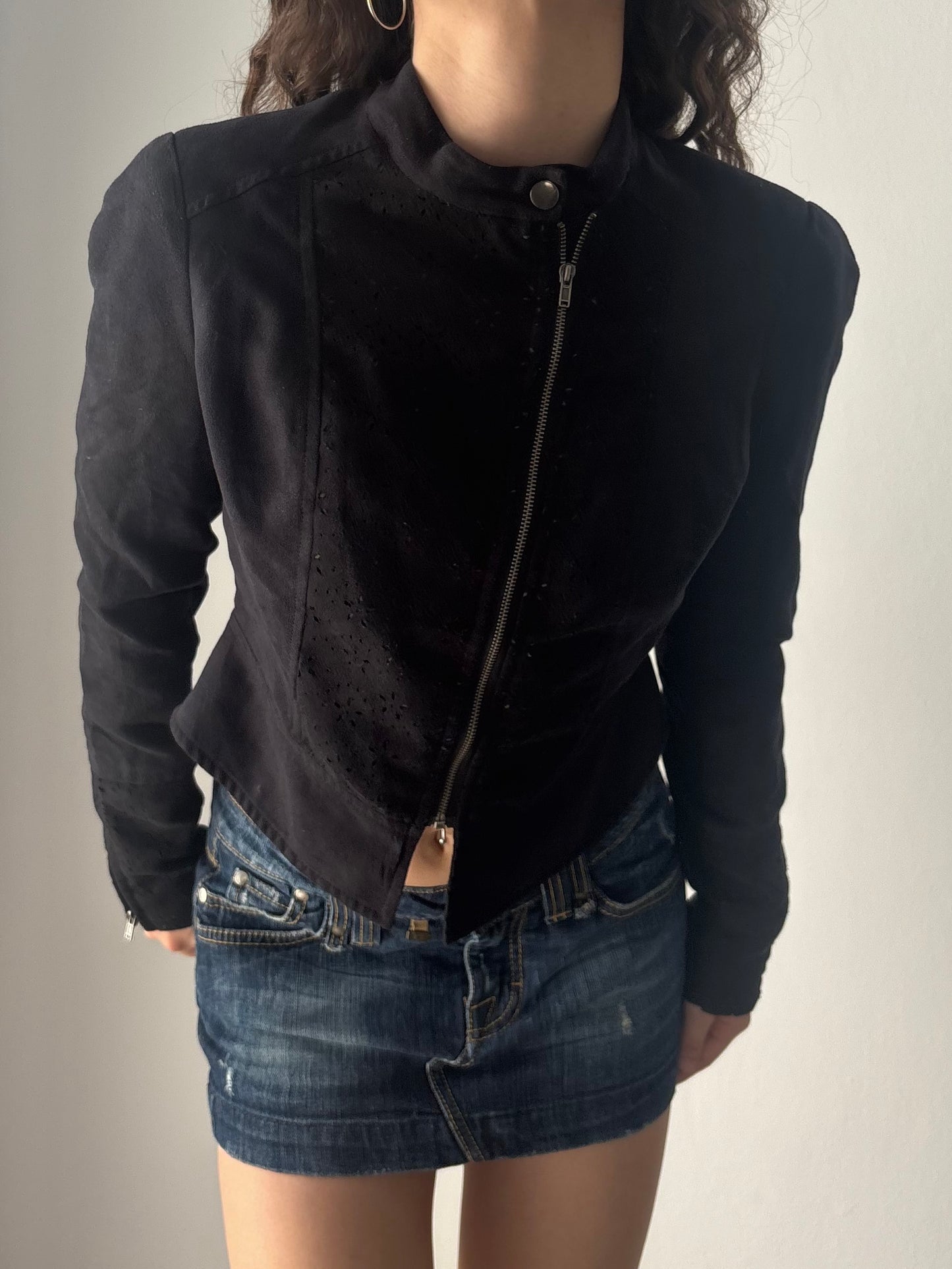 Black suede jacket with floral carvings