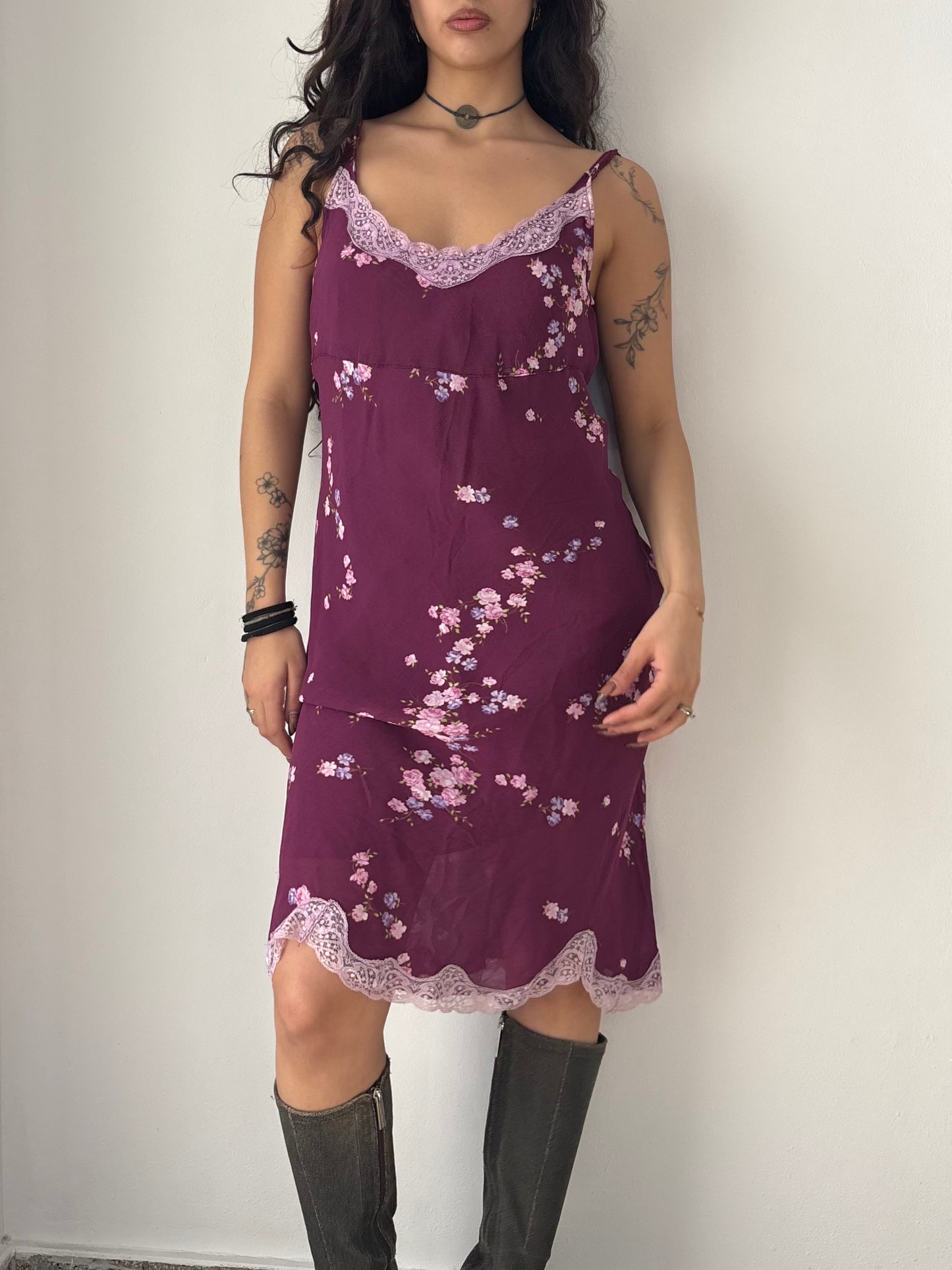 Purple floral dress with lace trims