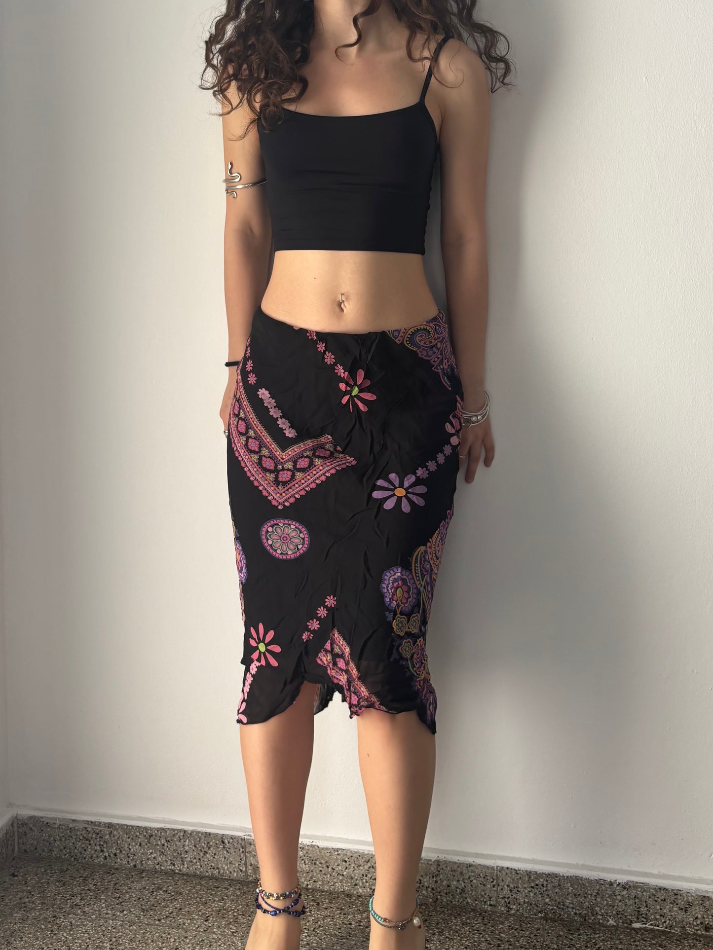 Black mesh midi skirt with pink floral print