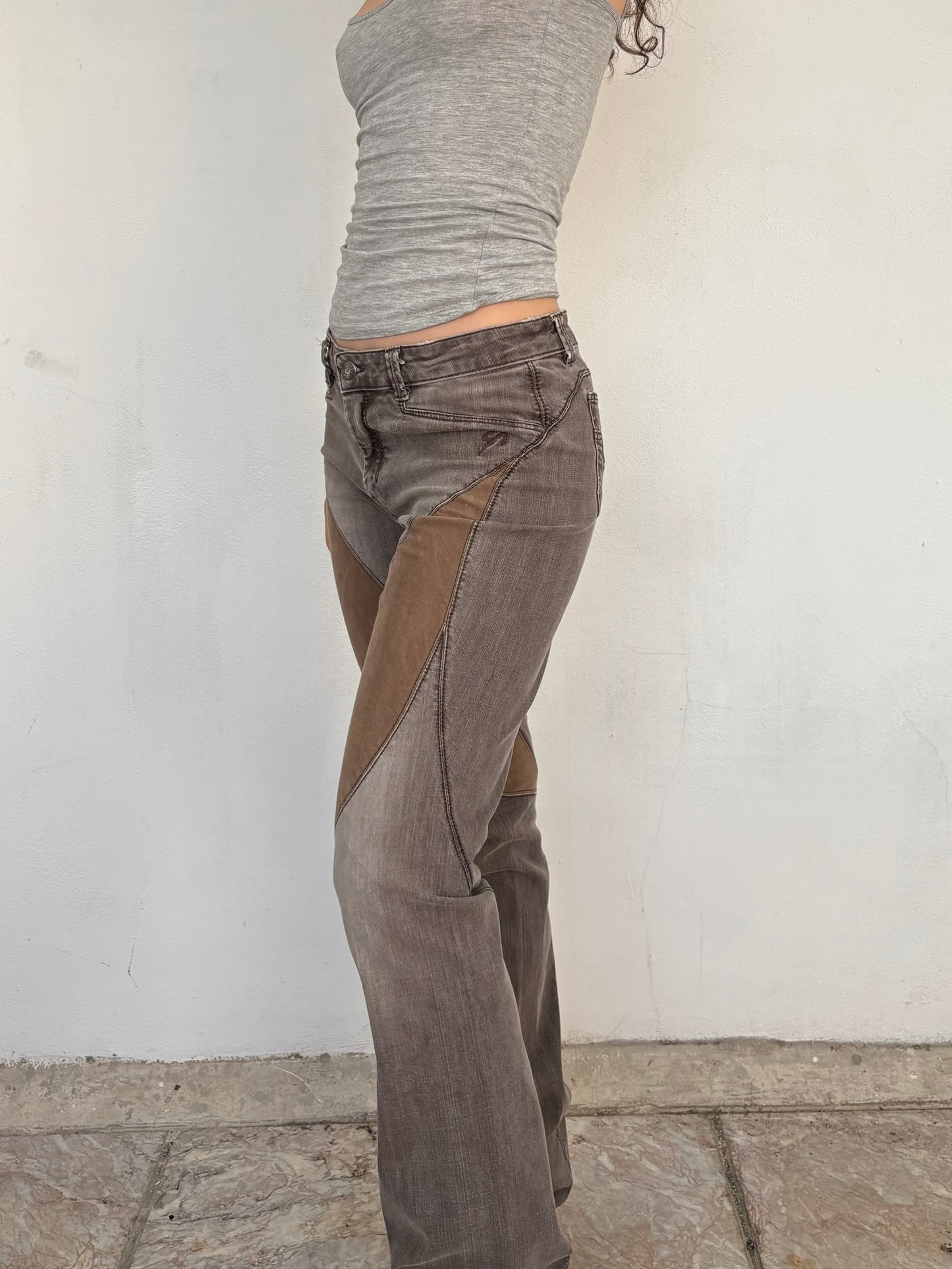 Brown flare jeans with patchwork