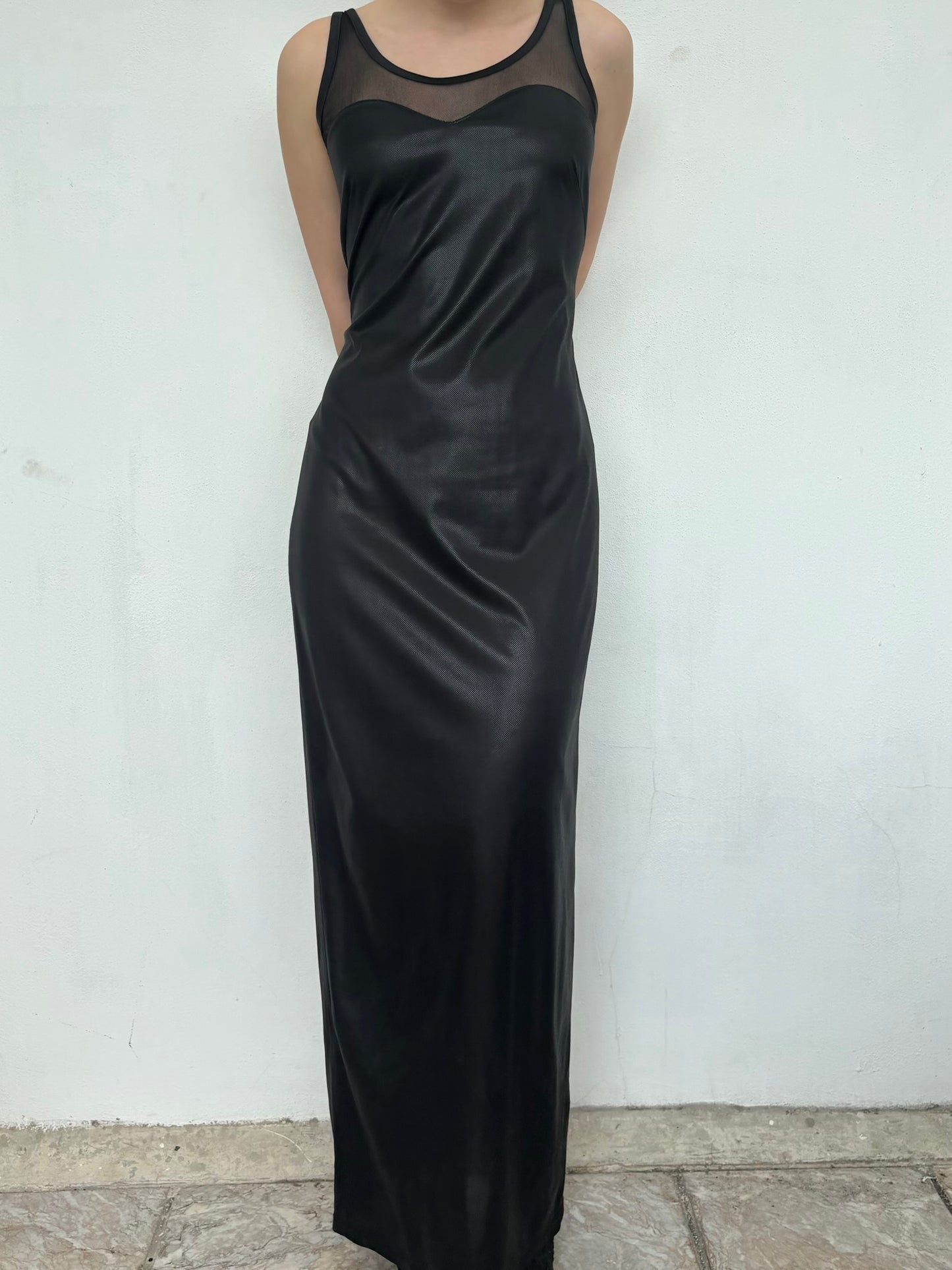 Vintage Italian black maxi dress with mesh top