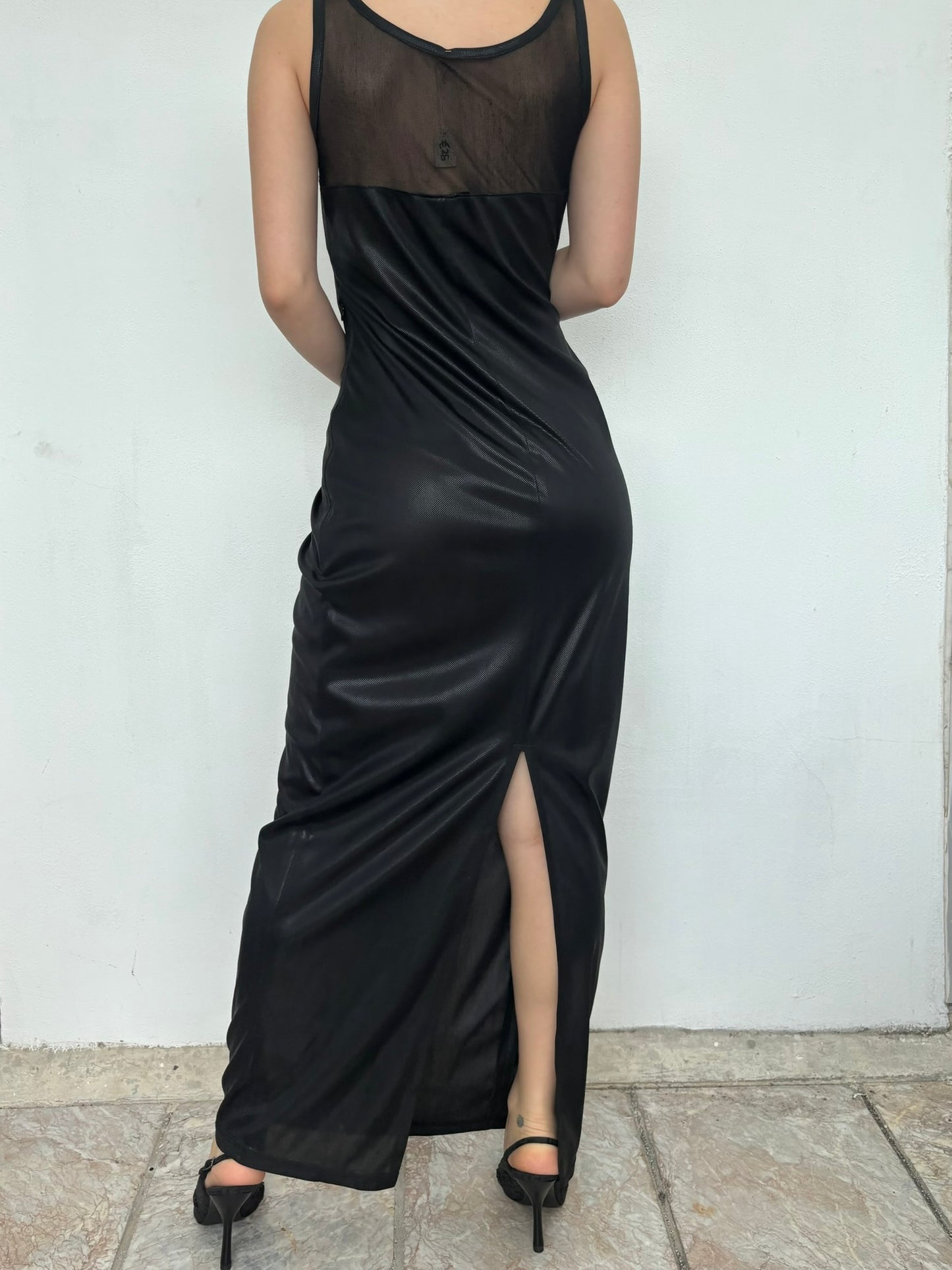 Vintage Italian black maxi dress with mesh top