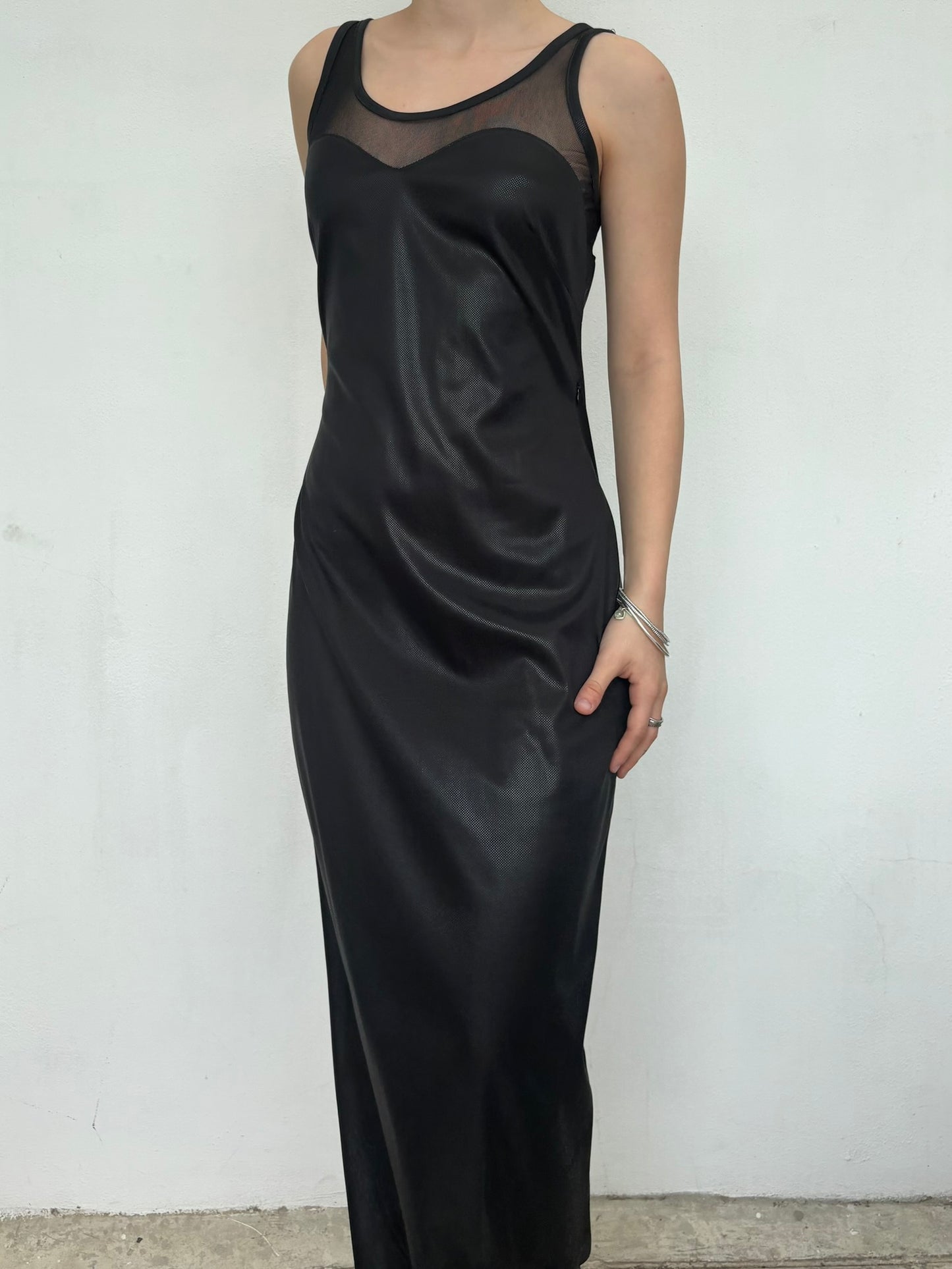 Vintage Italian black maxi dress with mesh top