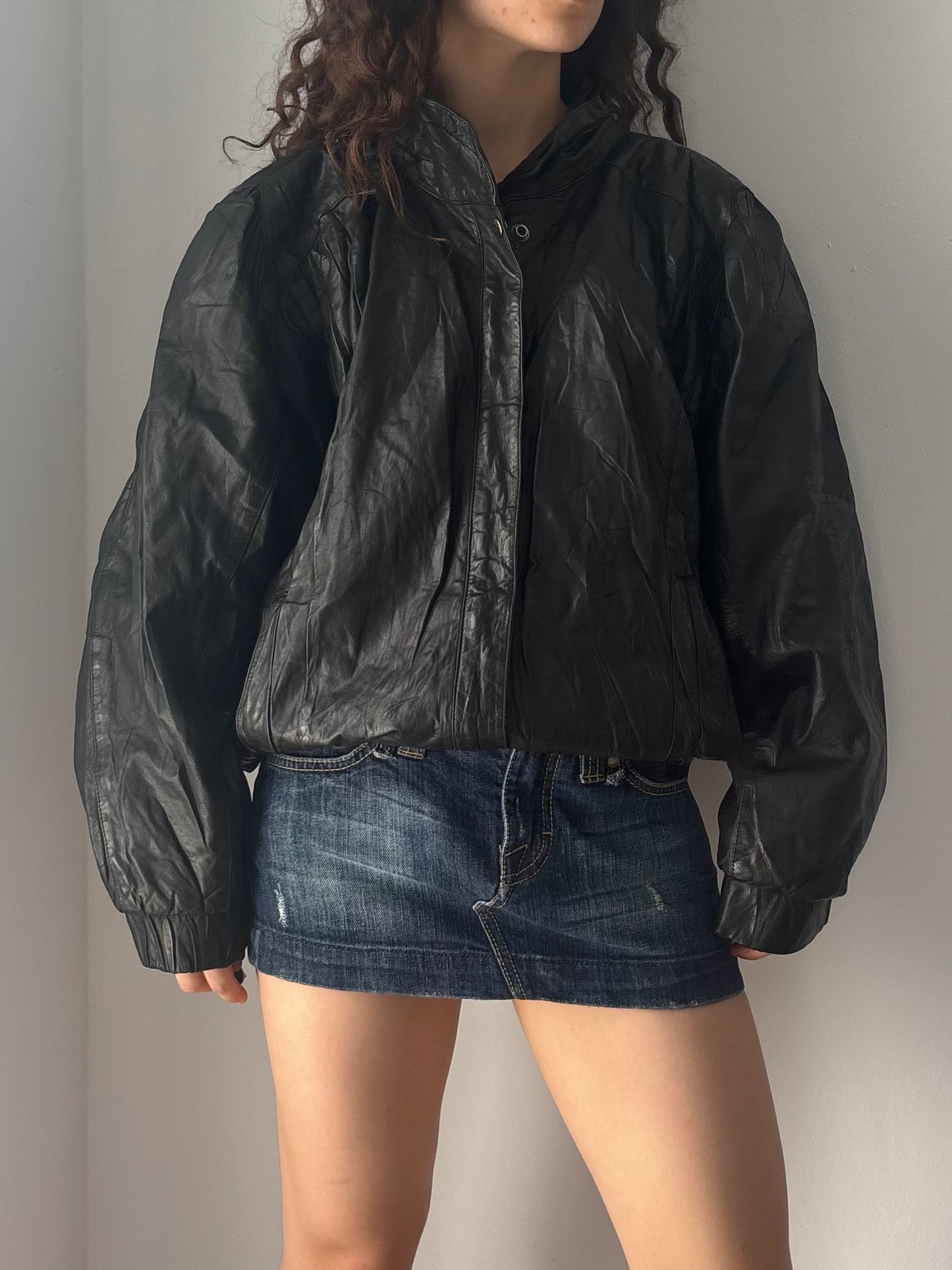 Vintage Italian black leather puffer jacket