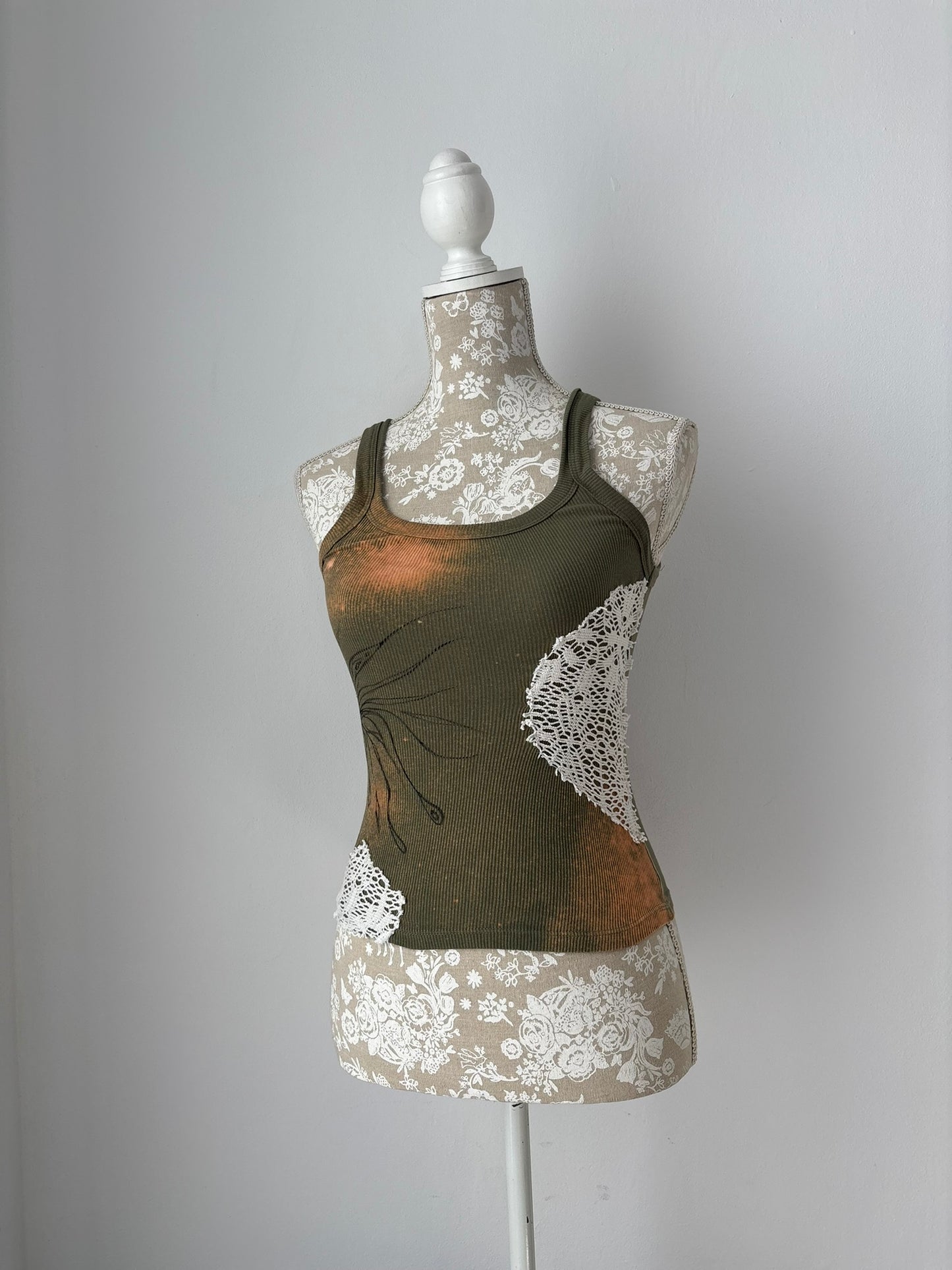Reworked olive green tank top with bleach/ fabric paint/ lace
