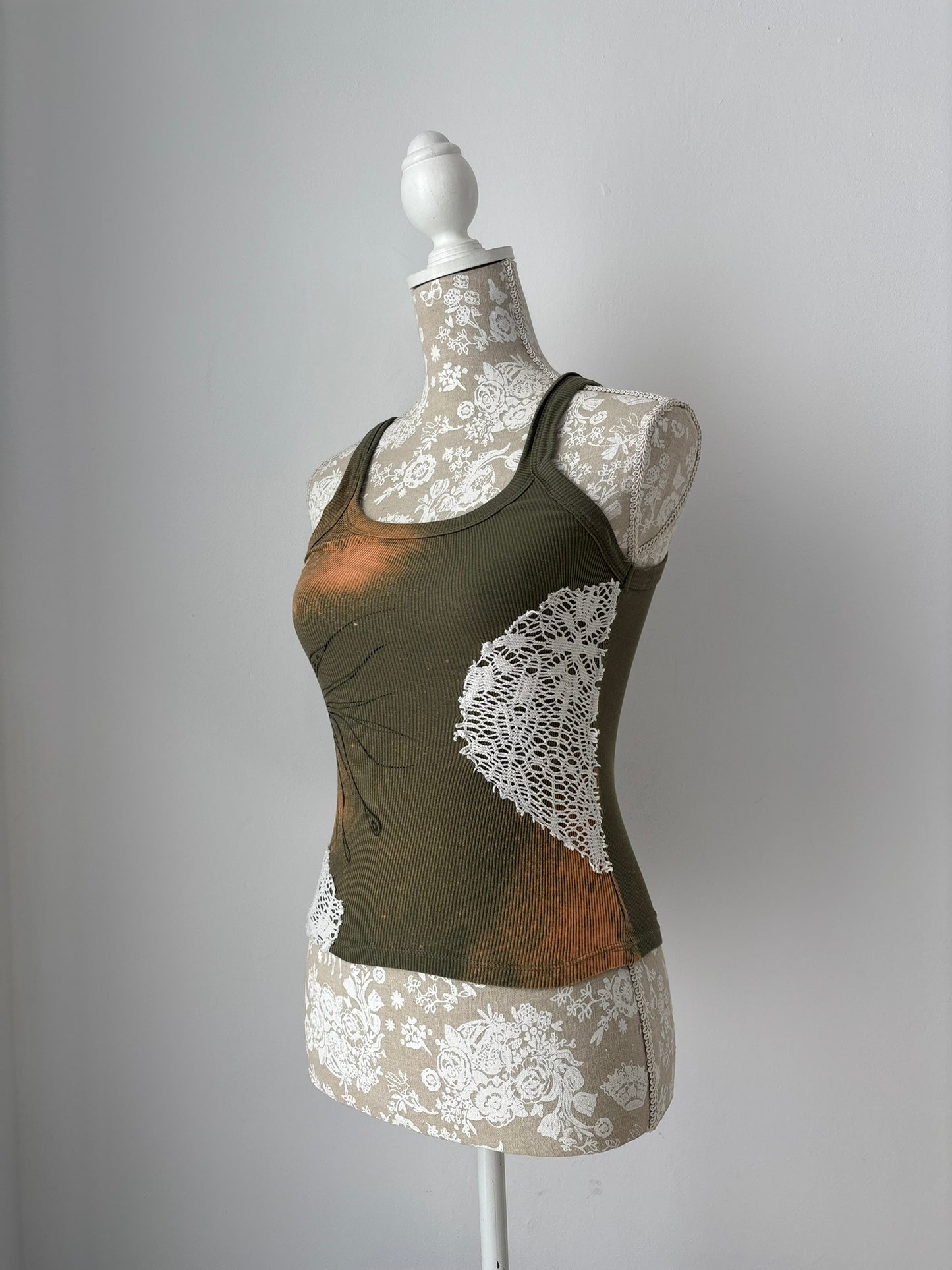Reworked olive green tank top with bleach/ fabric paint/ lace