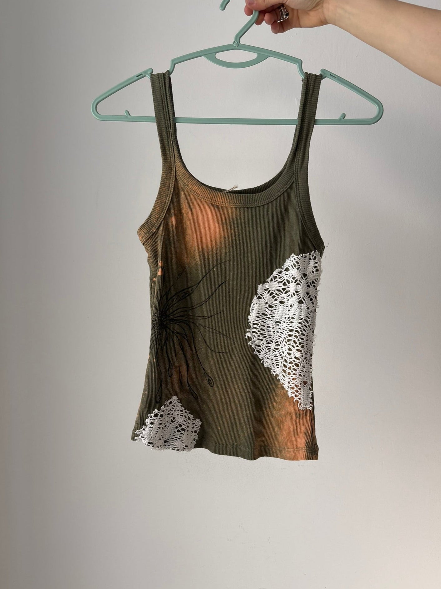 Reworked olive green tank top with bleach/ fabric paint/ lace