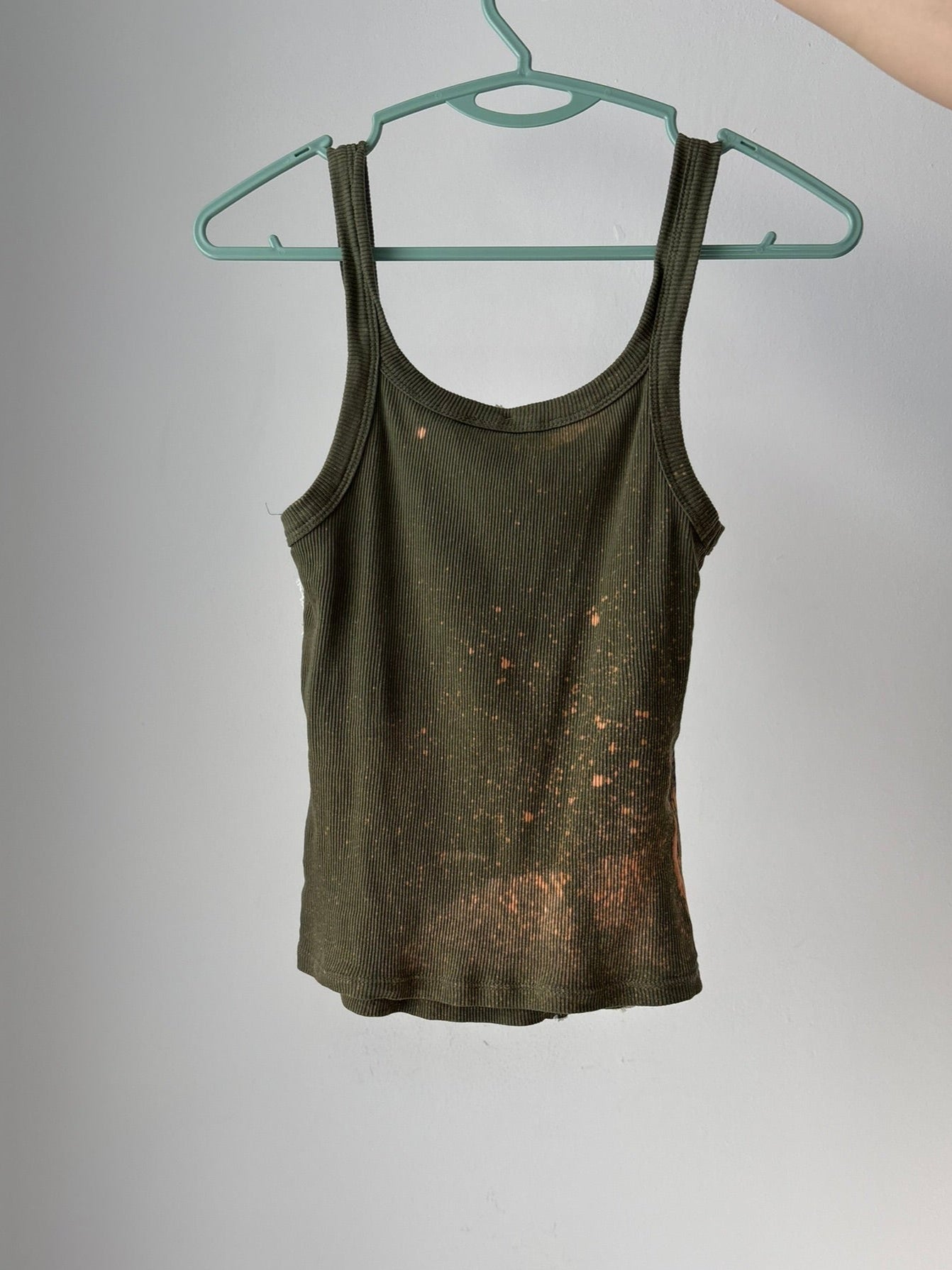 Reworked olive green tank top with bleach/ fabric paint/ lace
