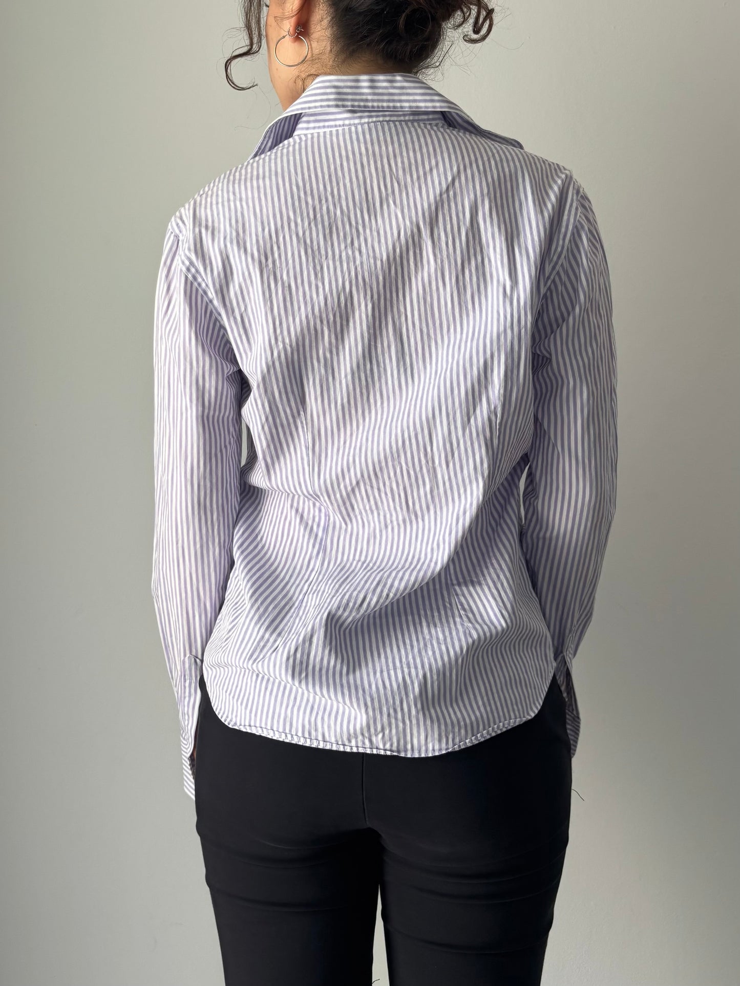 White & Purple striped button up shirt