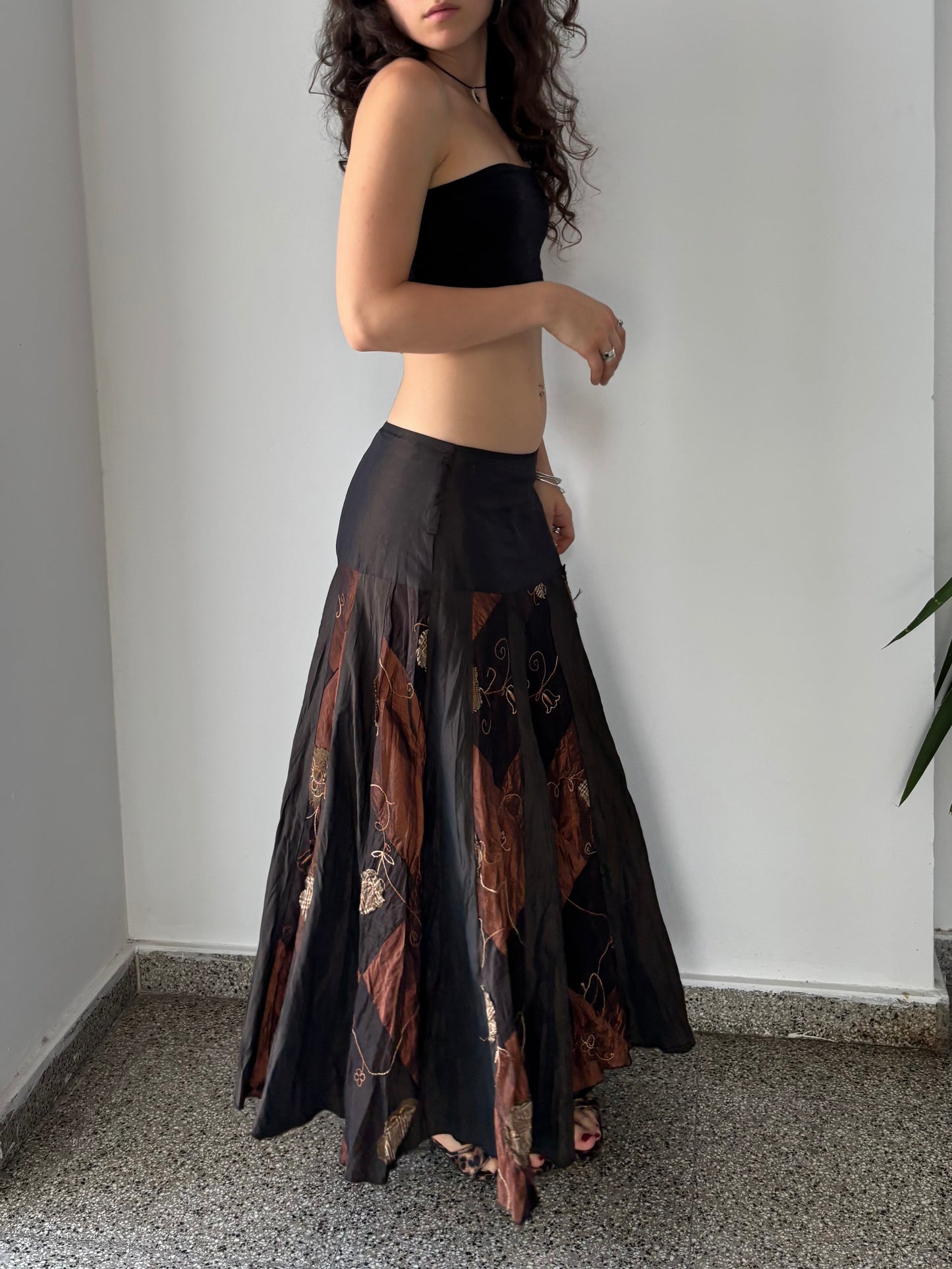Brown maxi skirt with patchwork details