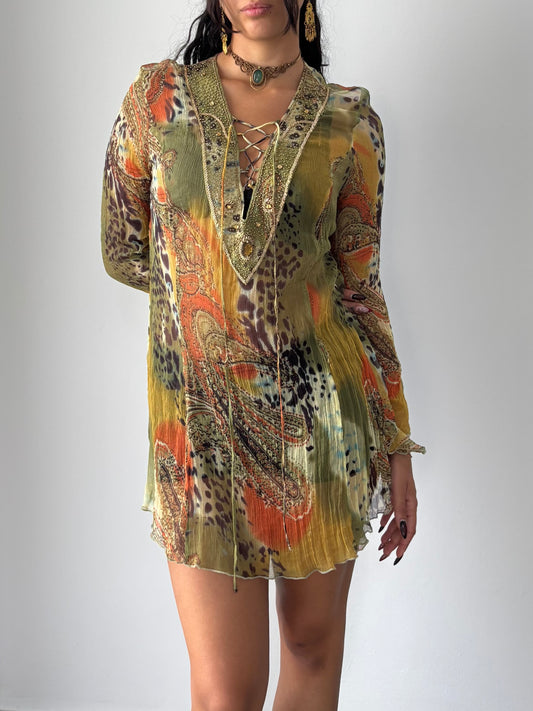 Animal print see through cover up with beading