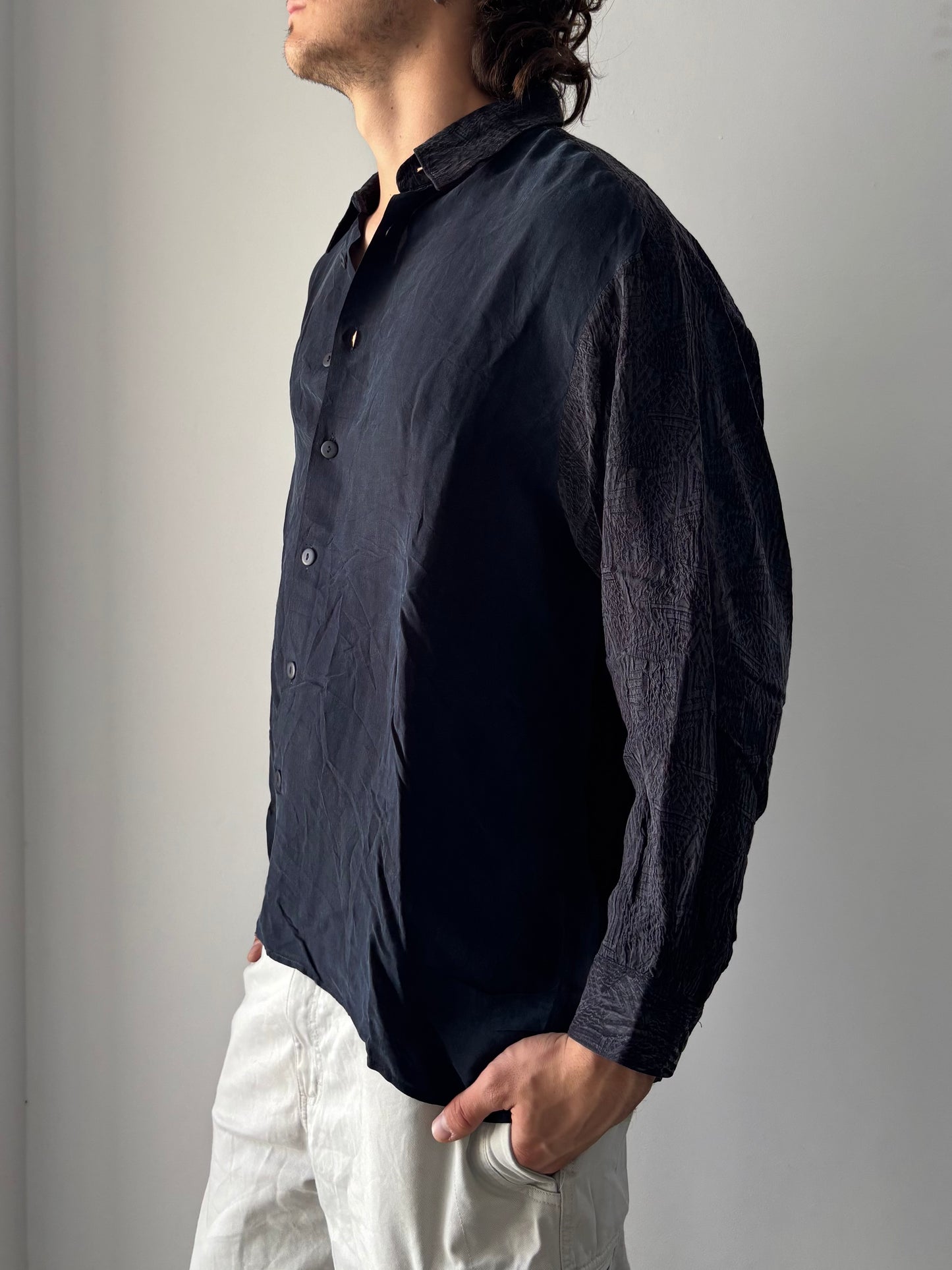 Long sleeve silk shirt with patterned sleeves