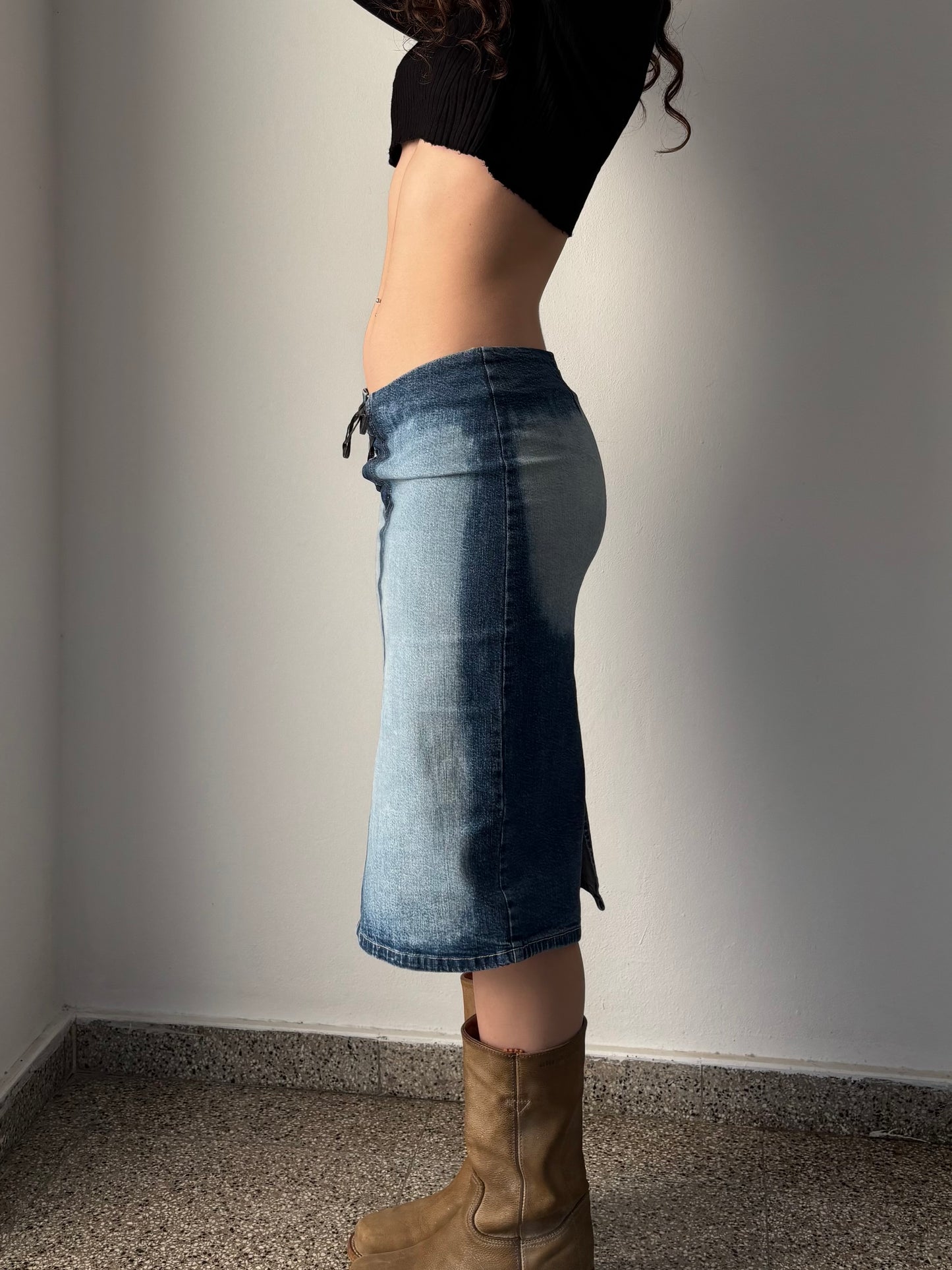 Y2K denim midi skirt with tie