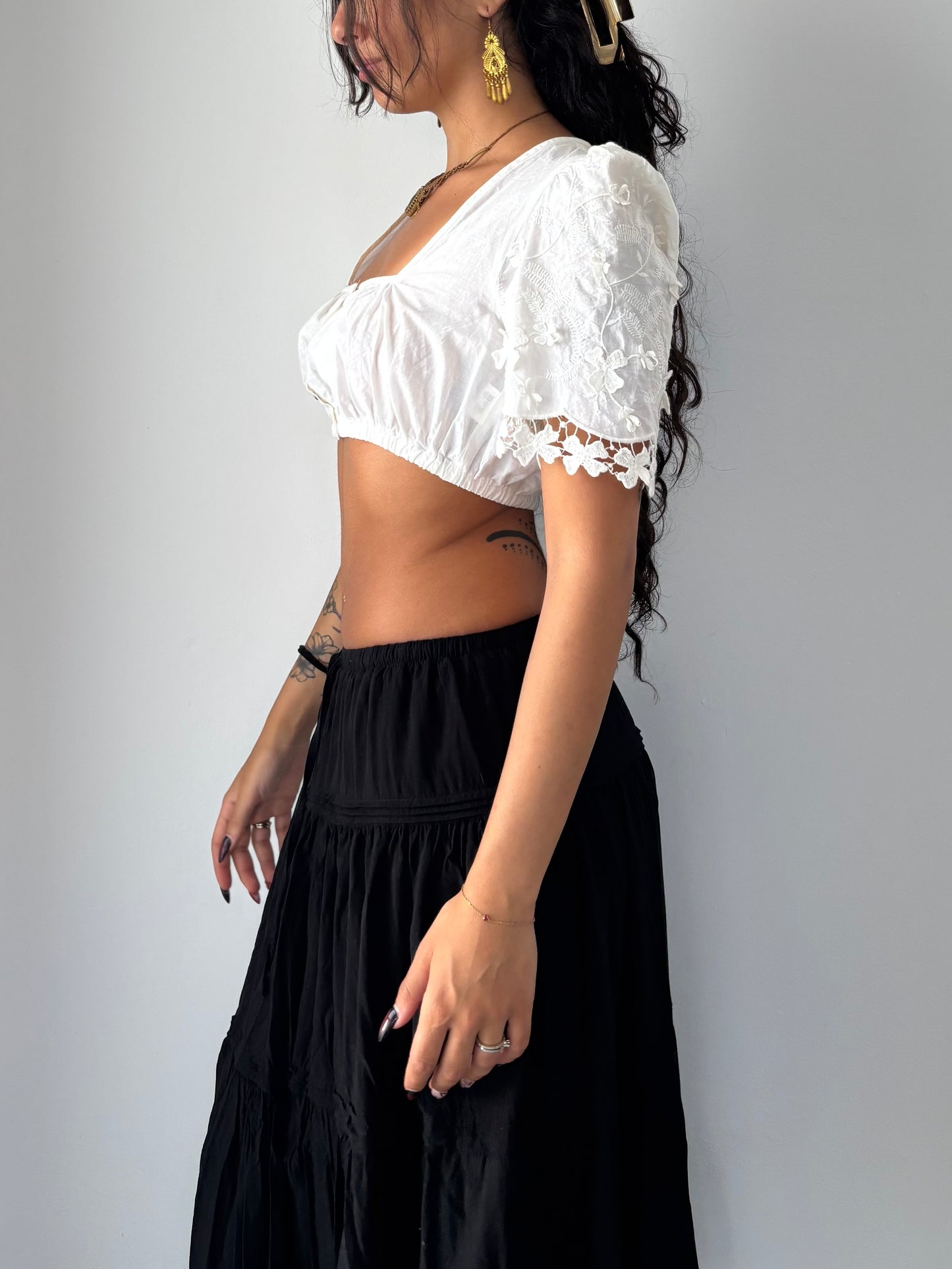 White cotton floral crop top