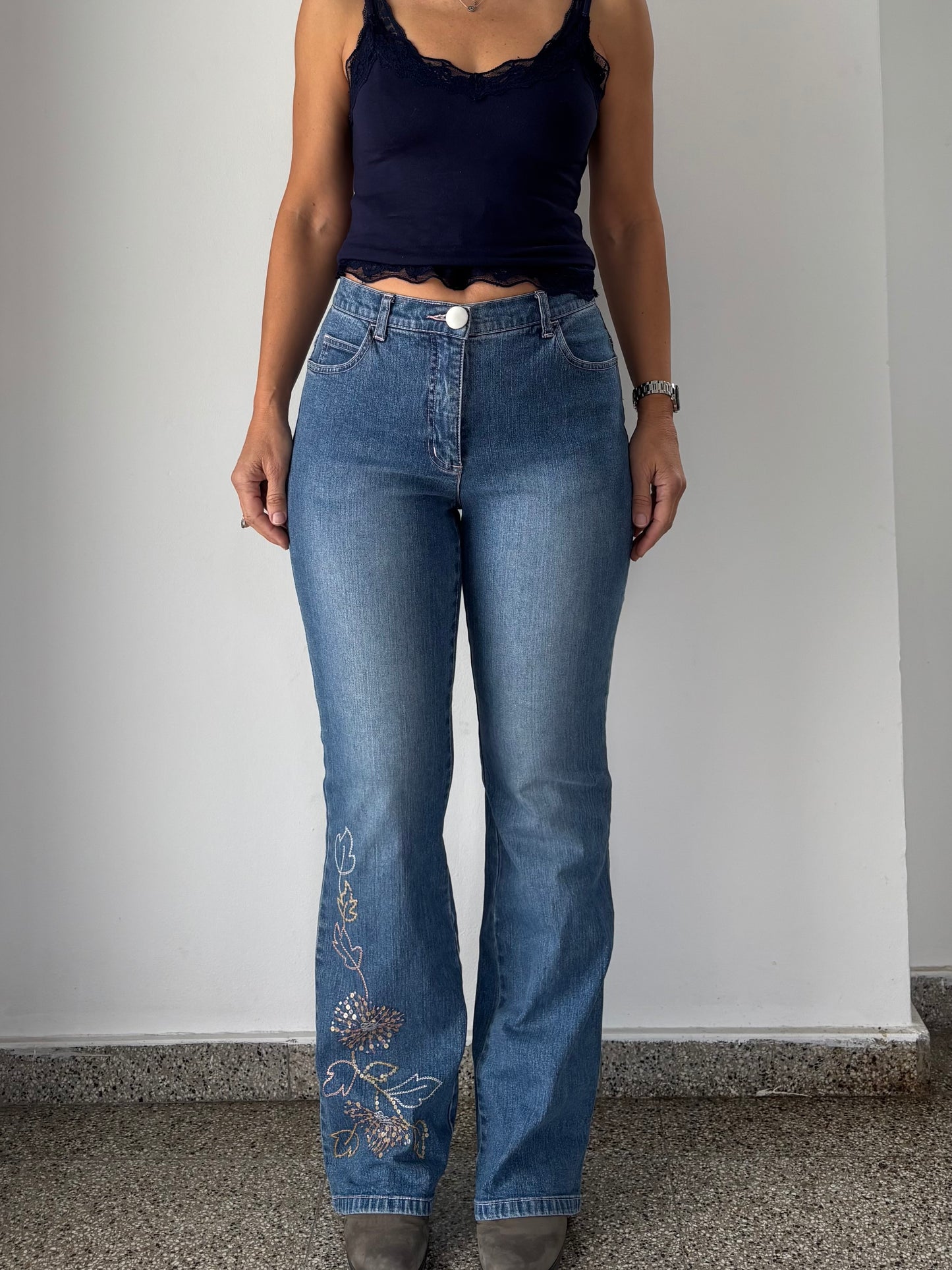 Y2K flower embellished flare jeans