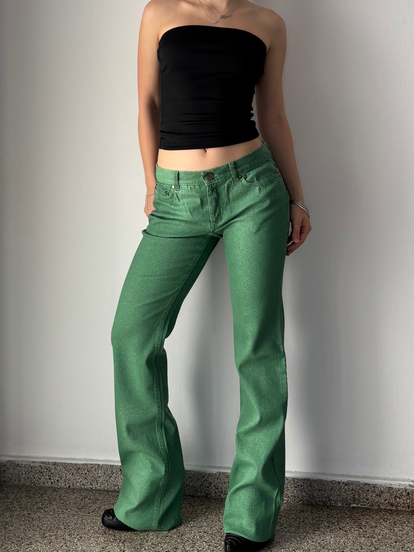 Roberto Cavalli green & sparkle flare jeans