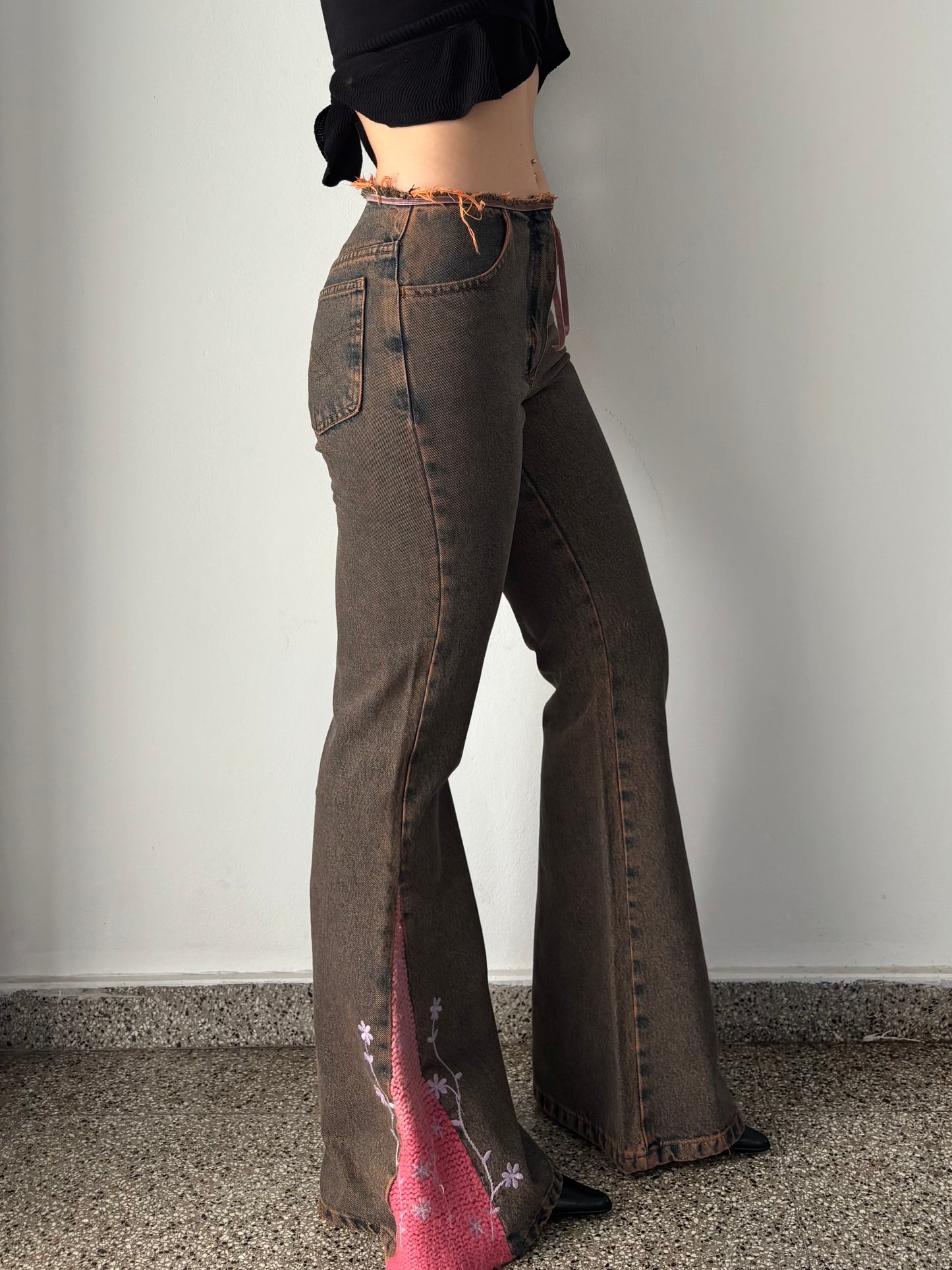 Crochet bell bottom jeans with flower embroidery