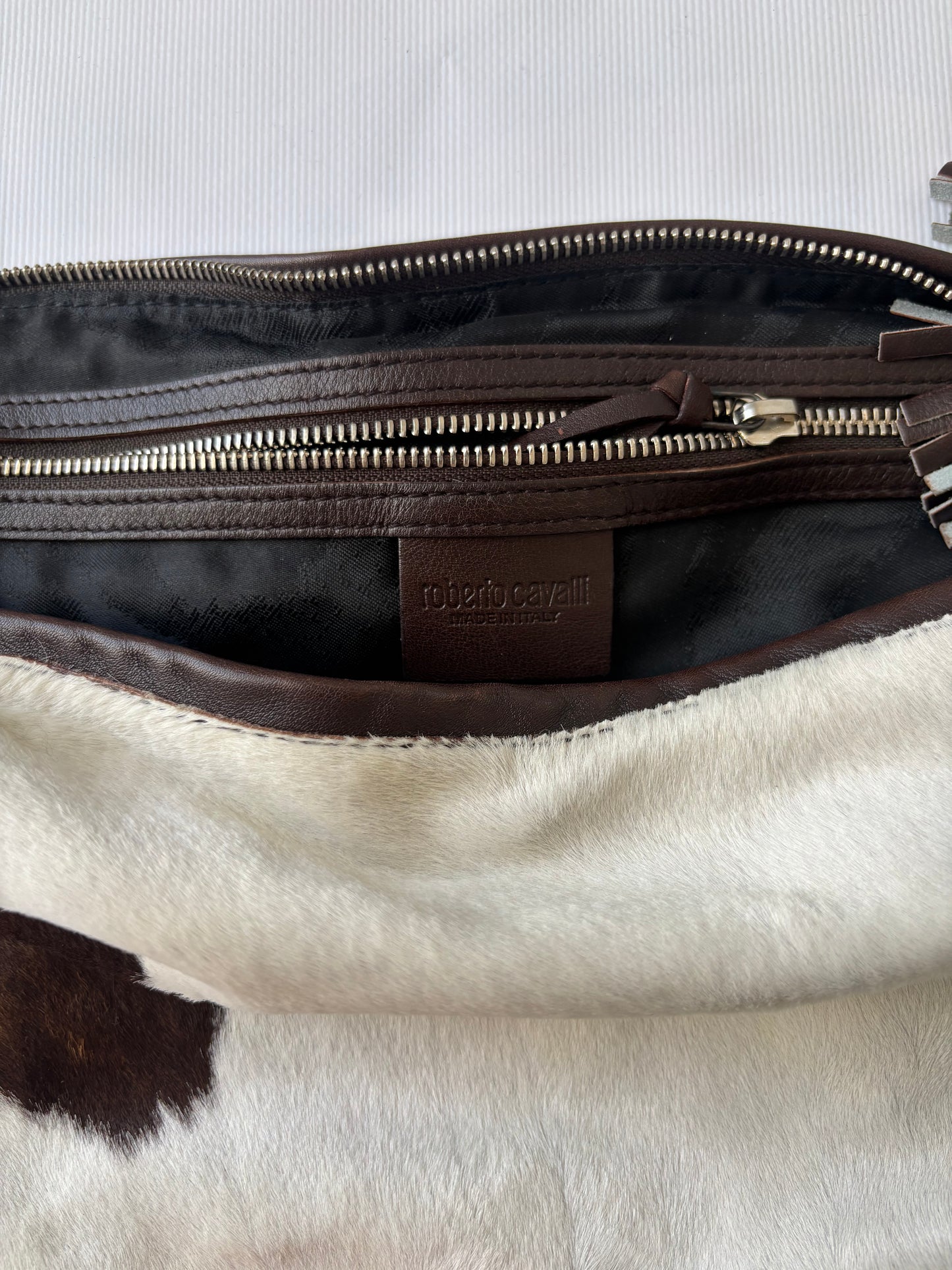 Roberto Cavalli cow print triangle bag