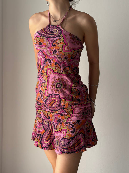 Multicolored paisley paint mini halter dress