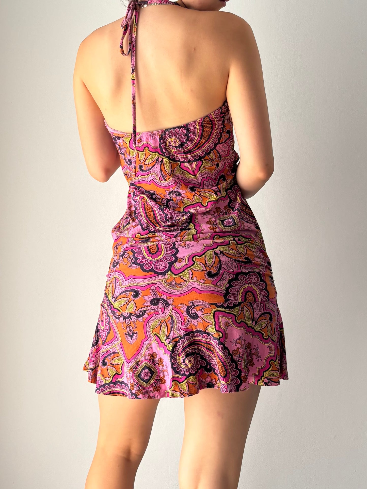 Multicolored paisley paint mini halter dress