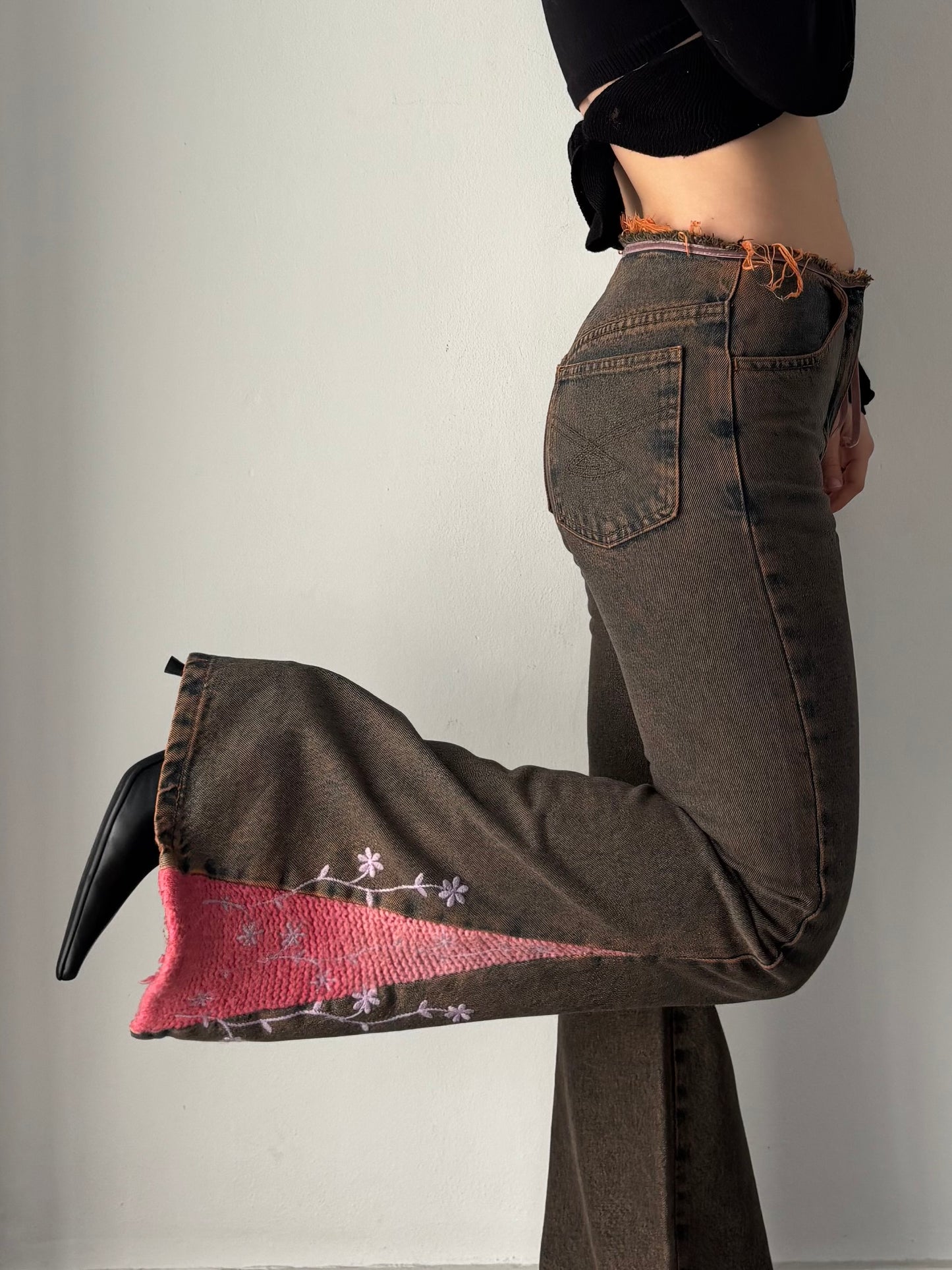 Crochet bell bottom jeans with flower embroidery