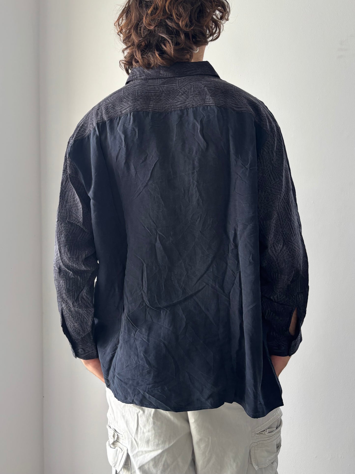 Long sleeve silk shirt with patterned sleeves