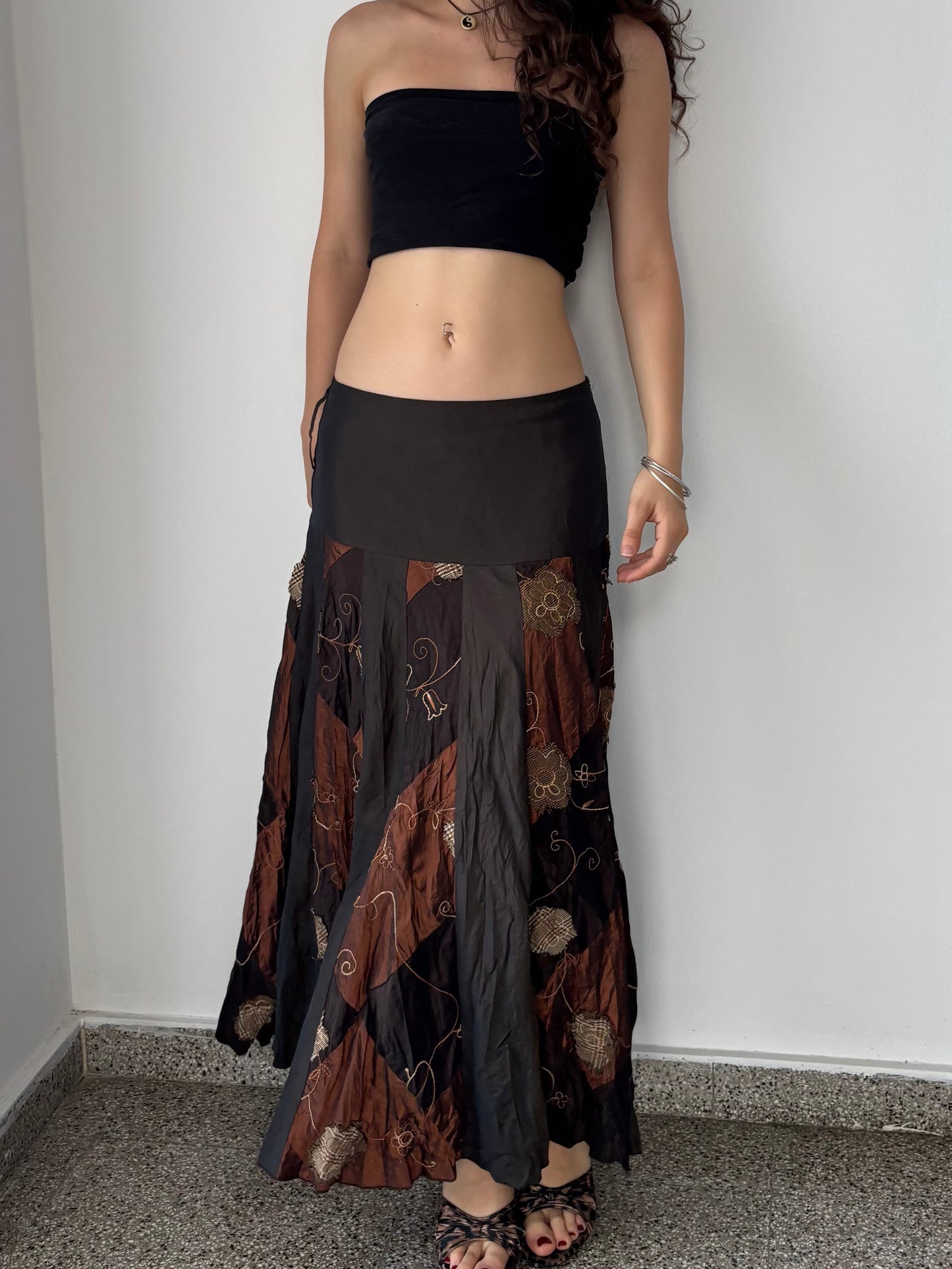 Brown maxi skirt with patchwork details