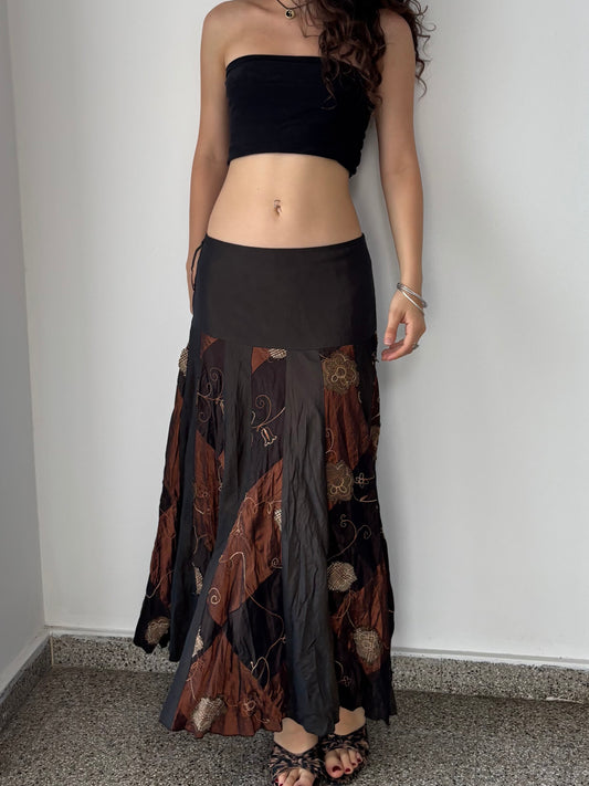 Brown maxi skirt with patchwork details