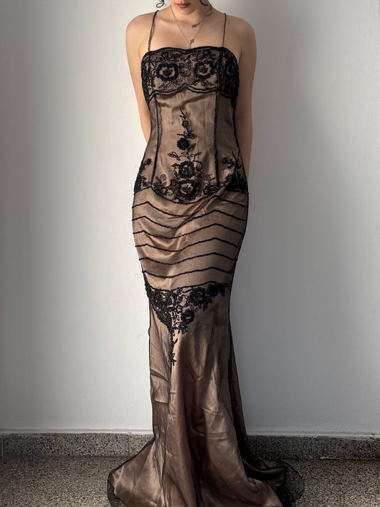 Vintage tan & black beaded formal dress