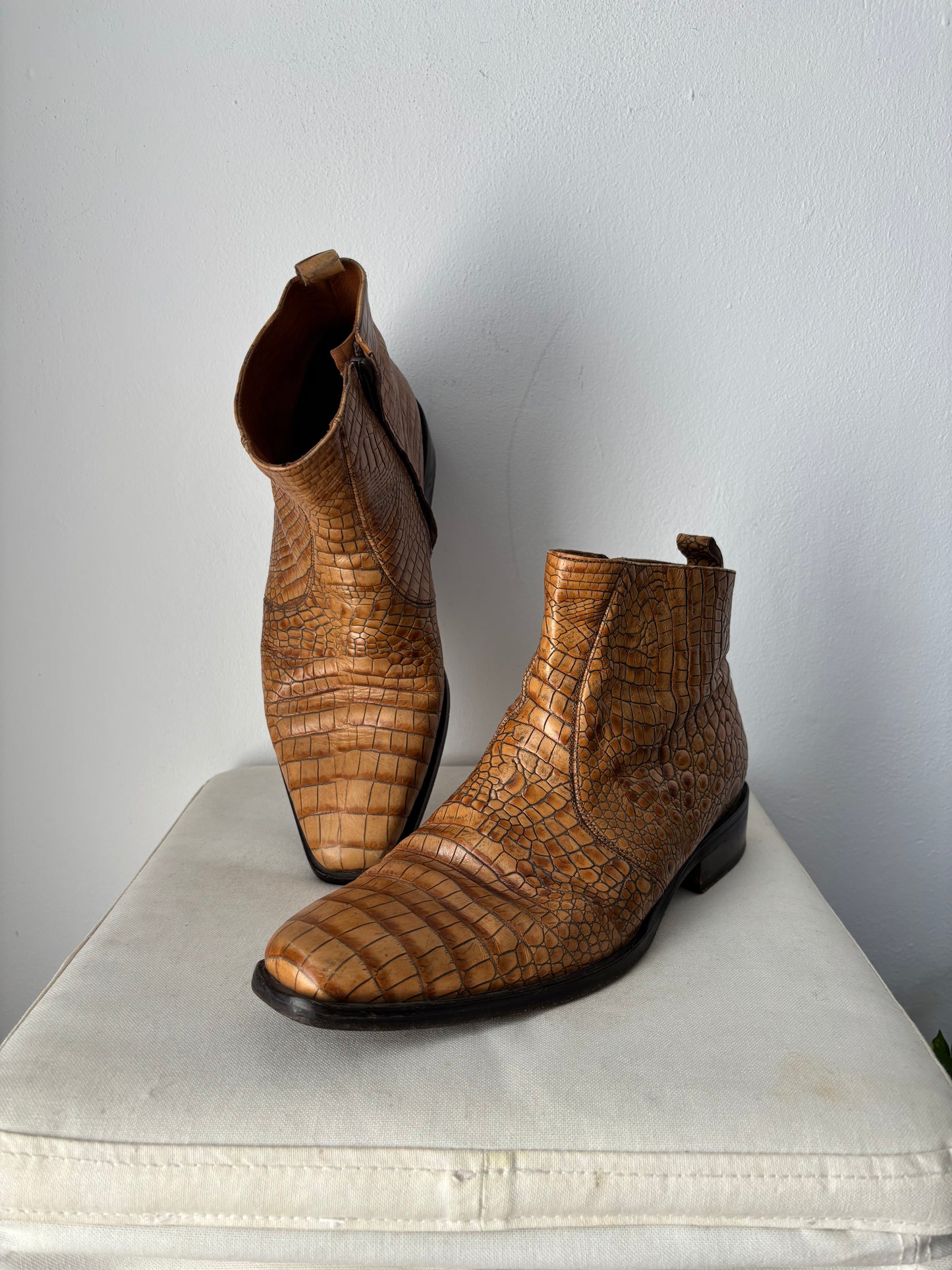 Brown croc leather boots