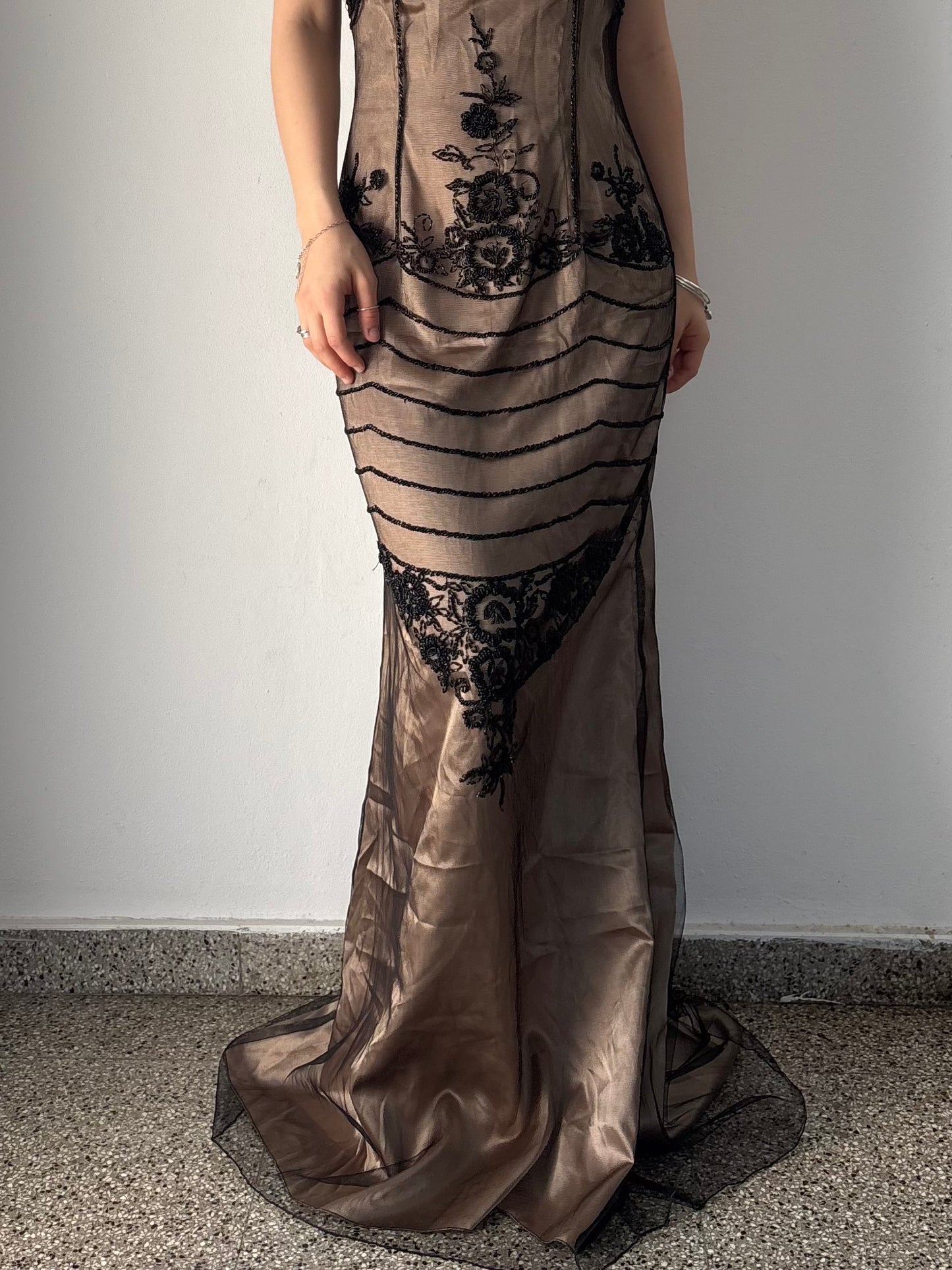 Vintage tan & black beaded formal dress