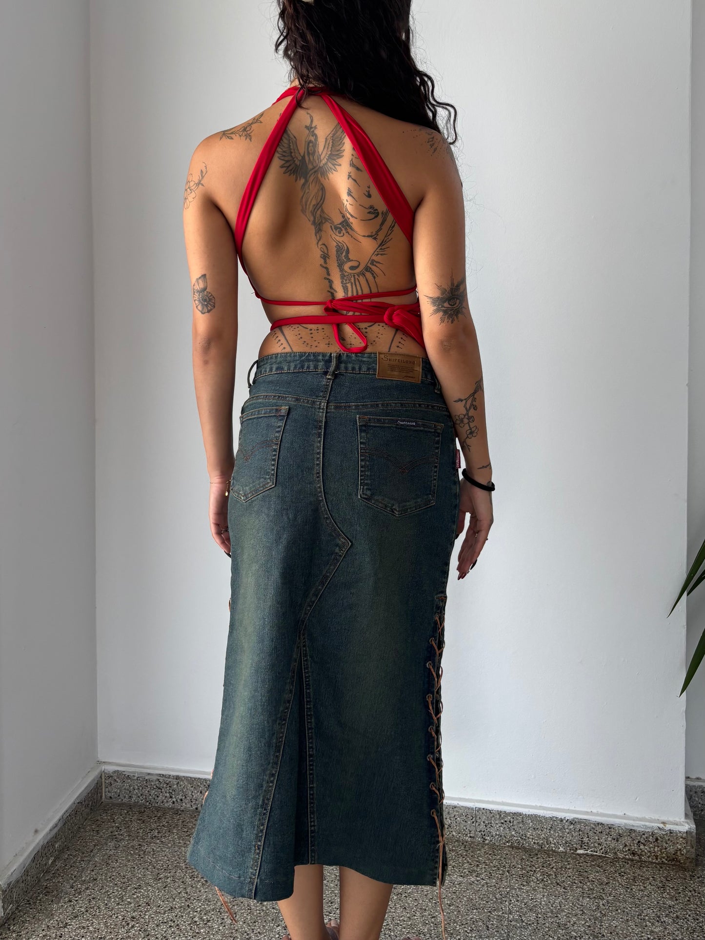Y2K maxi denim skirt with tie details