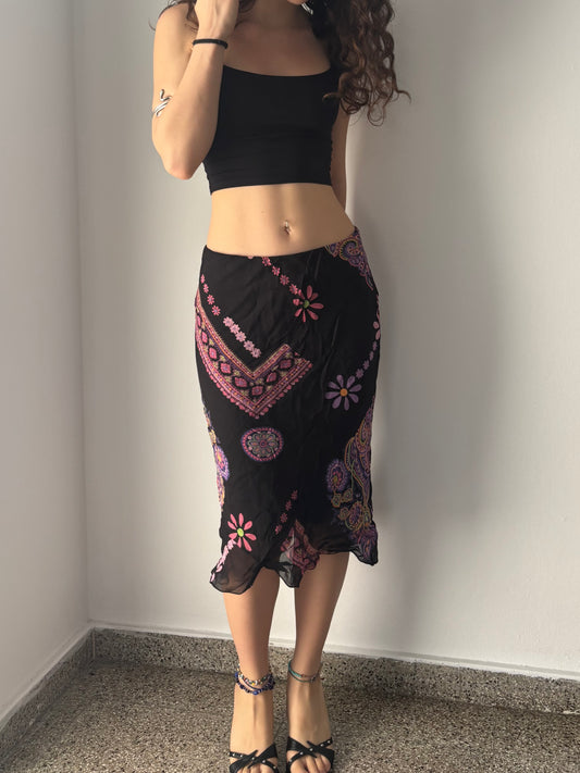 Black mesh midi skirt with pink floral print