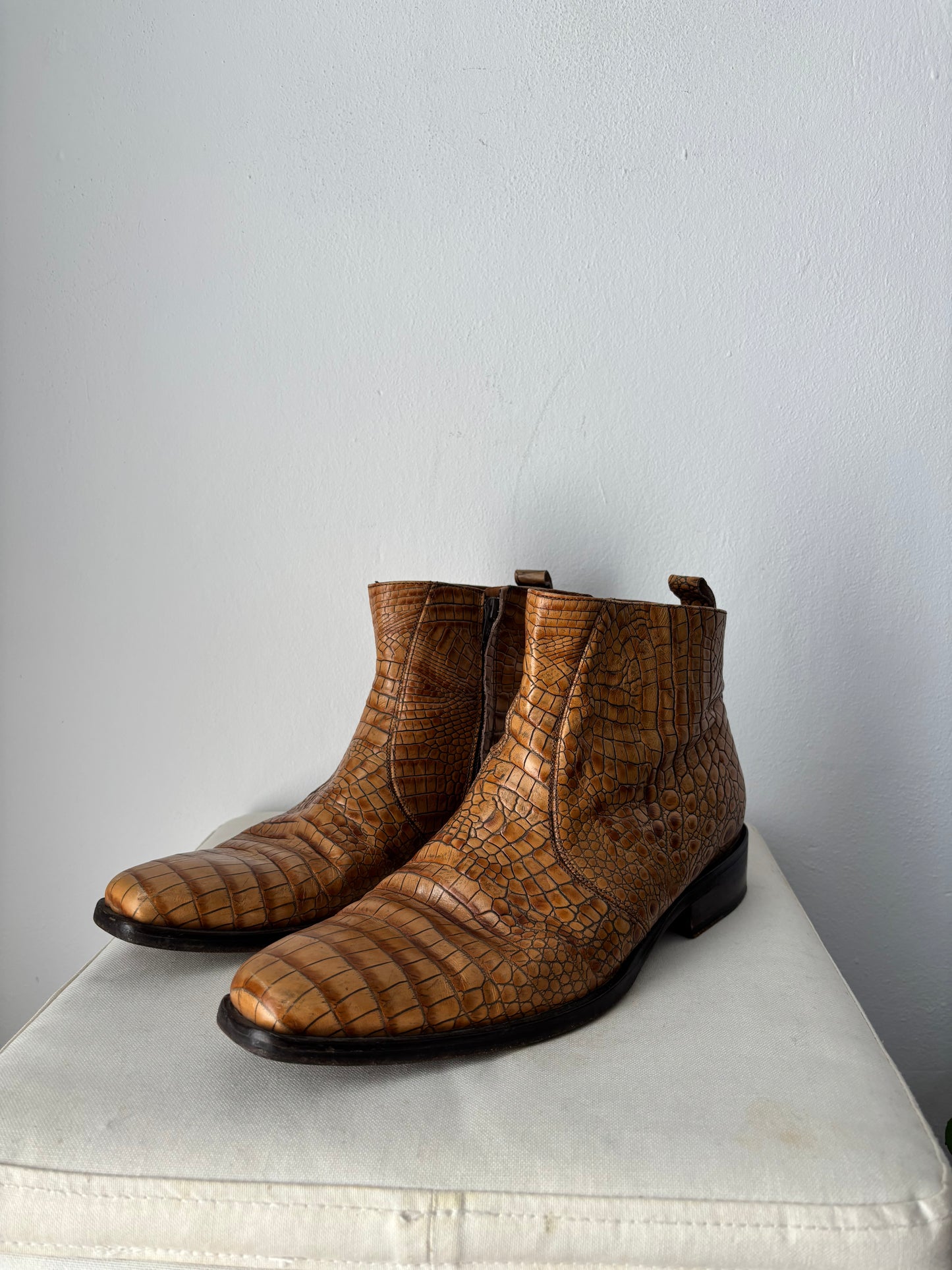 Brown croc leather boots